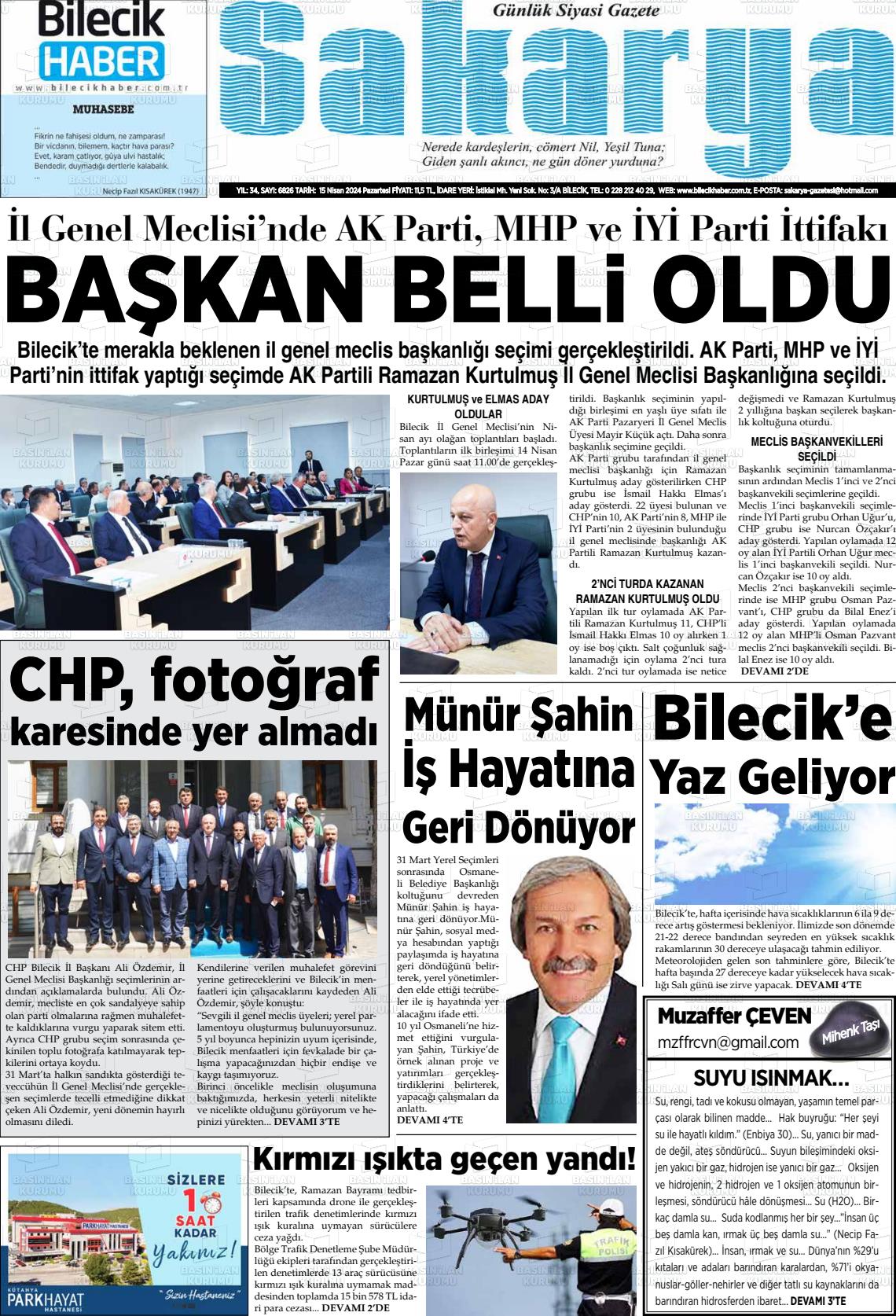 15 Nisan 2024 Bilecik Haber Sakarya Gazete Manşeti