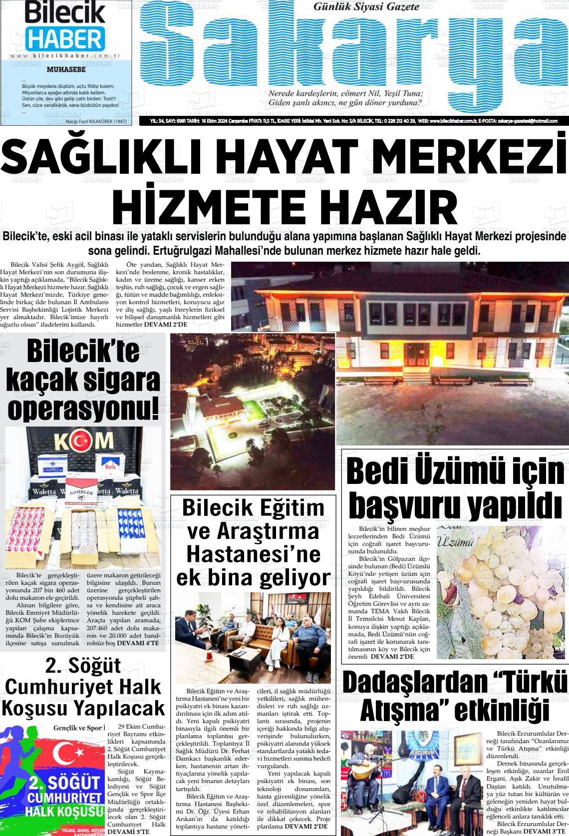 16 Ekim 2024 Bilecik Haber Sakarya Gazete Manşeti