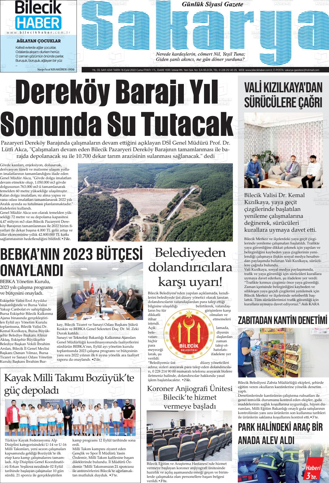 16 Eylül 2022 Bilecik Haber Sakarya Gazete Manşeti