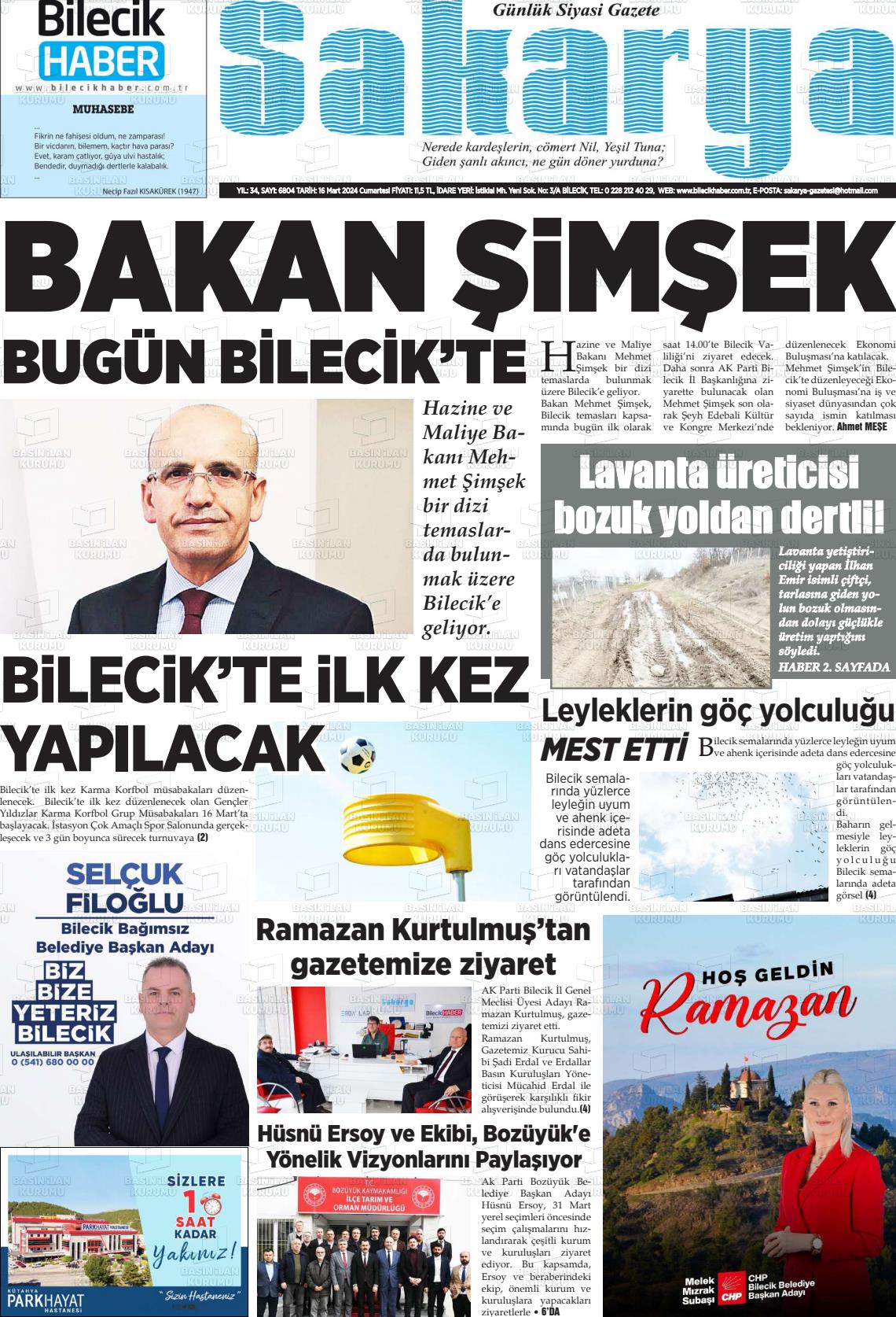 16 Mart 2024 Bilecik Haber Sakarya Gazete Manşeti