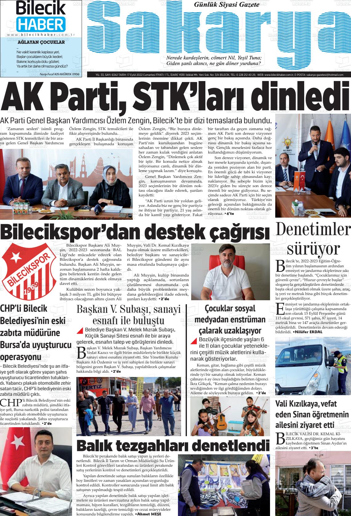 17 Eylül 2022 Bilecik Haber Sakarya Gazete Manşeti