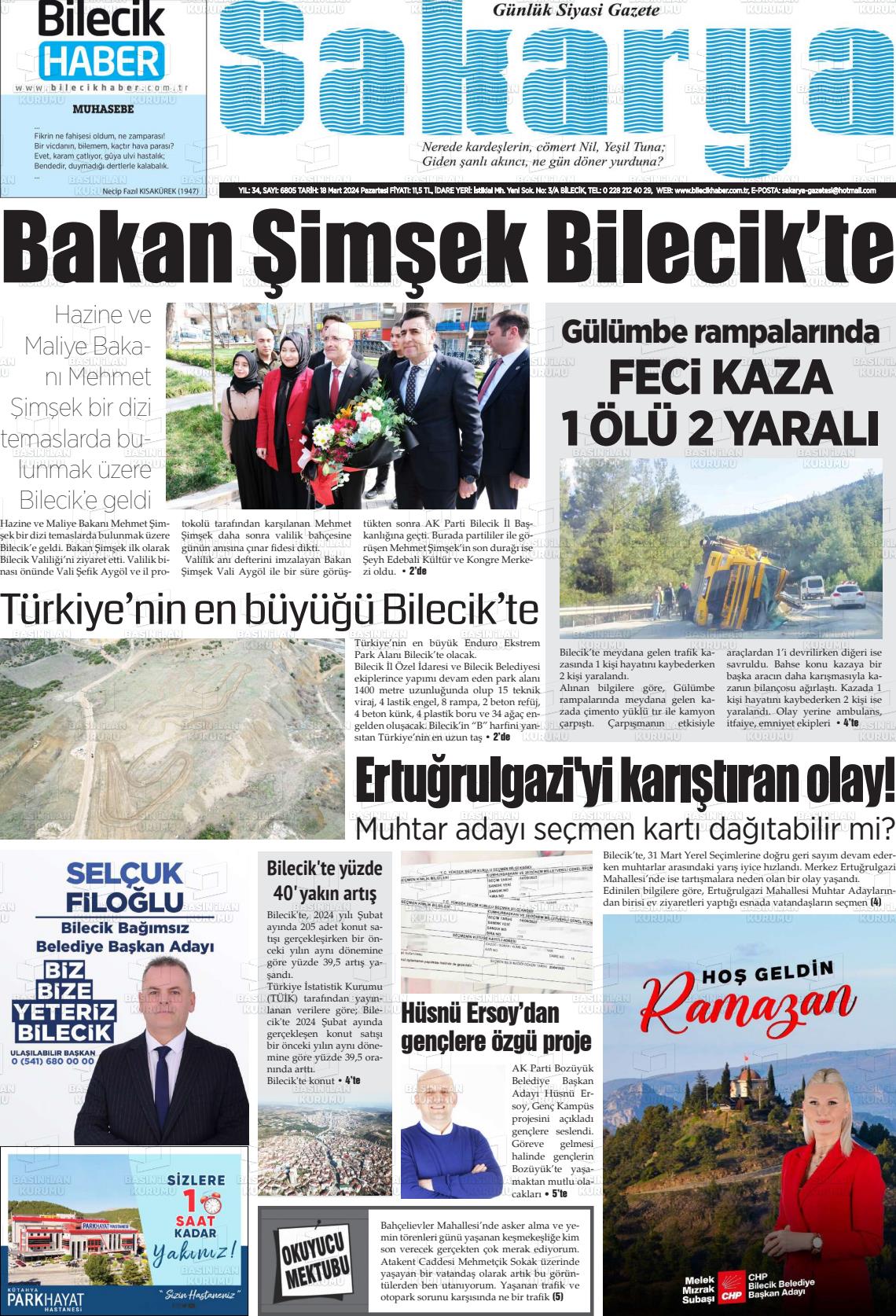 18 Mart 2024 Bilecik Haber Sakarya Gazete Manşeti