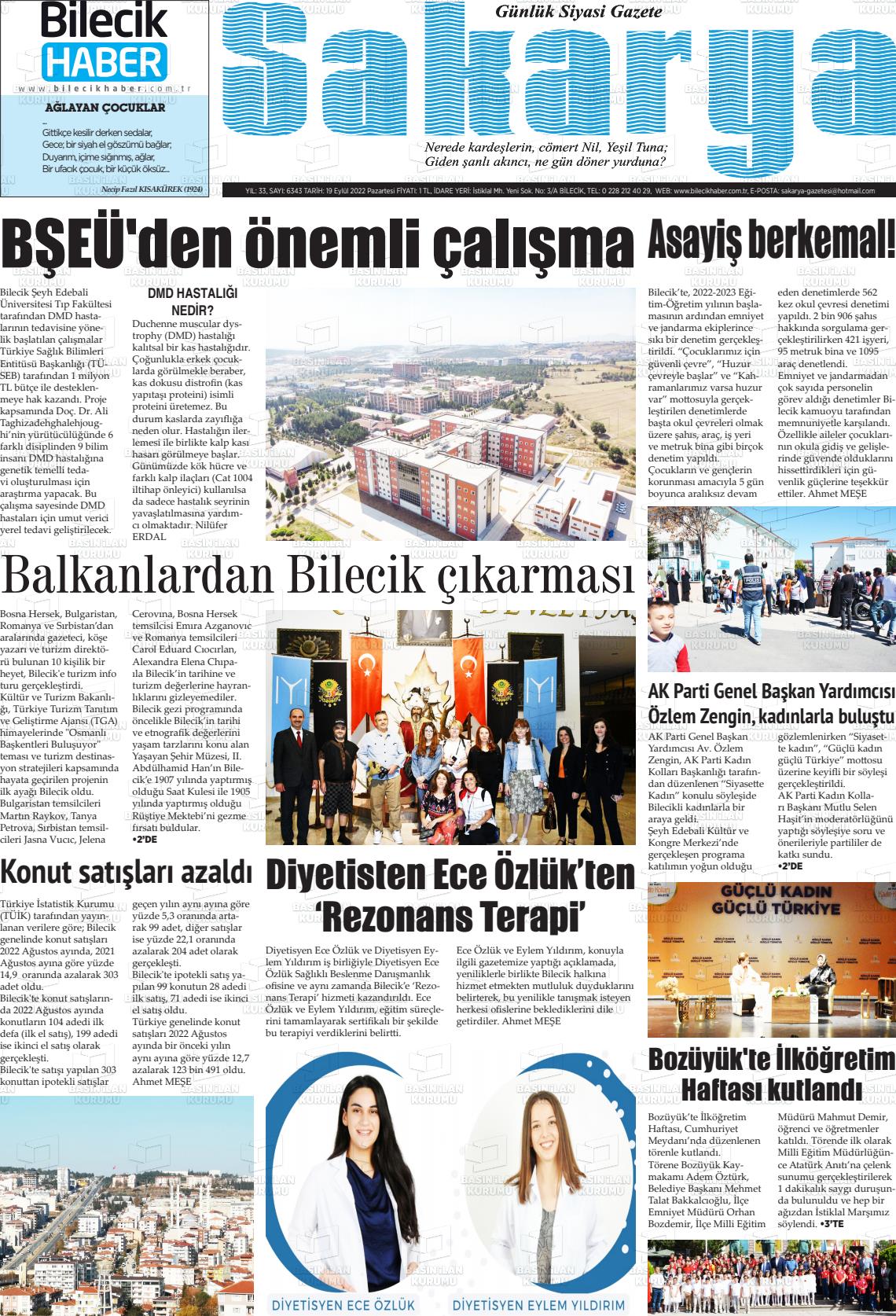 19 Eylül 2022 Bilecik Haber Sakarya Gazete Manşeti