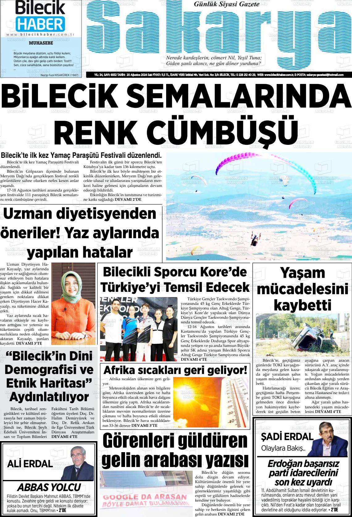 20 Ağustos 2024 Bilecik Haber Sakarya Gazete Manşeti