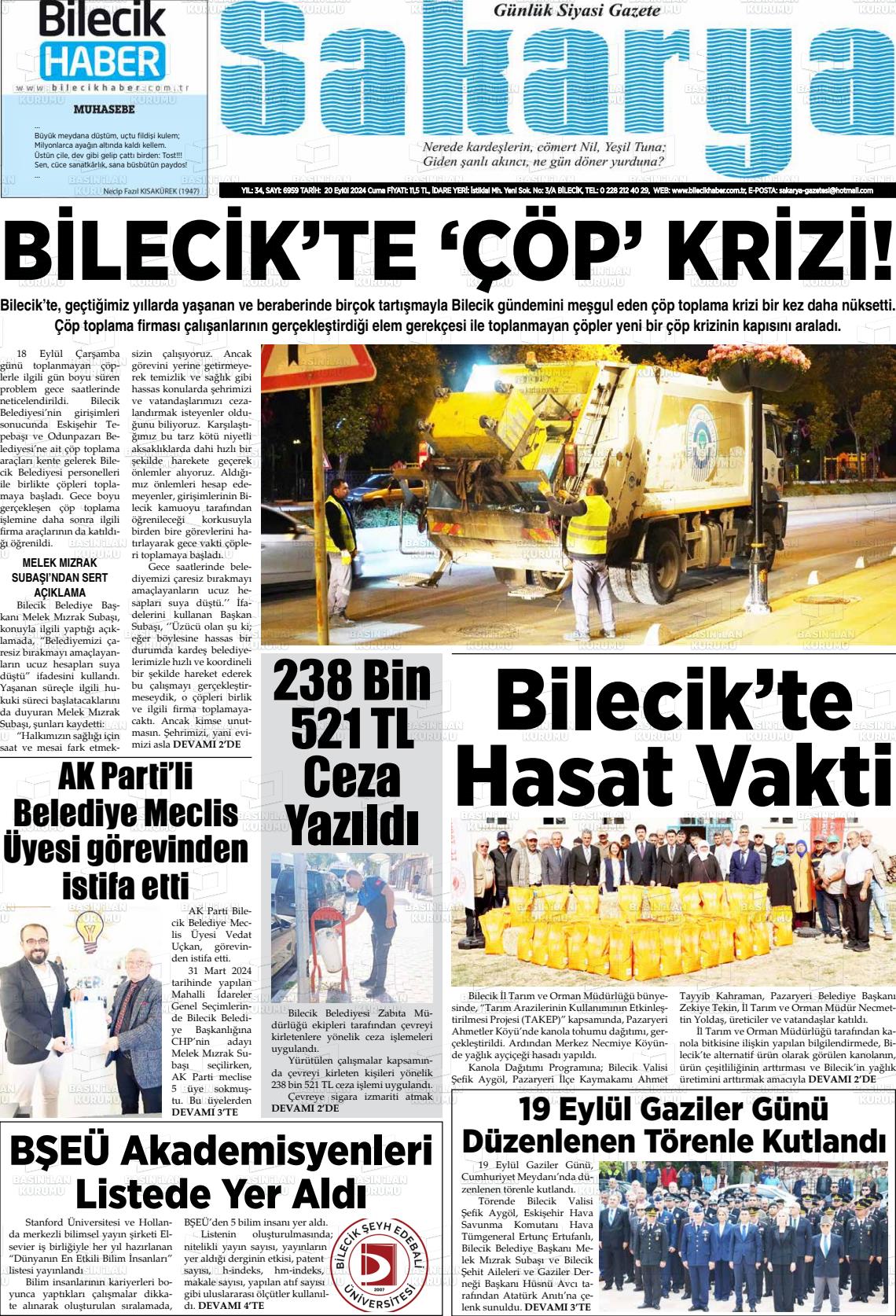 20 Eylül 2024 Bilecik Haber Sakarya Gazete Manşeti