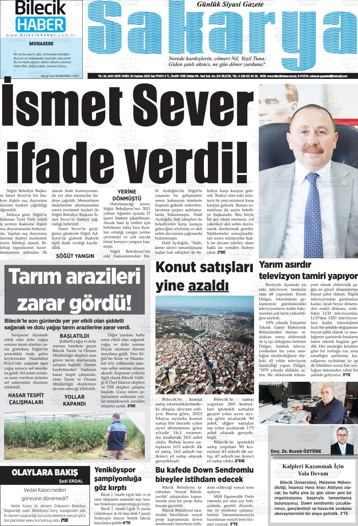 20 Haziran 2023 Bilecik Haber Sakarya Gazete Manşeti