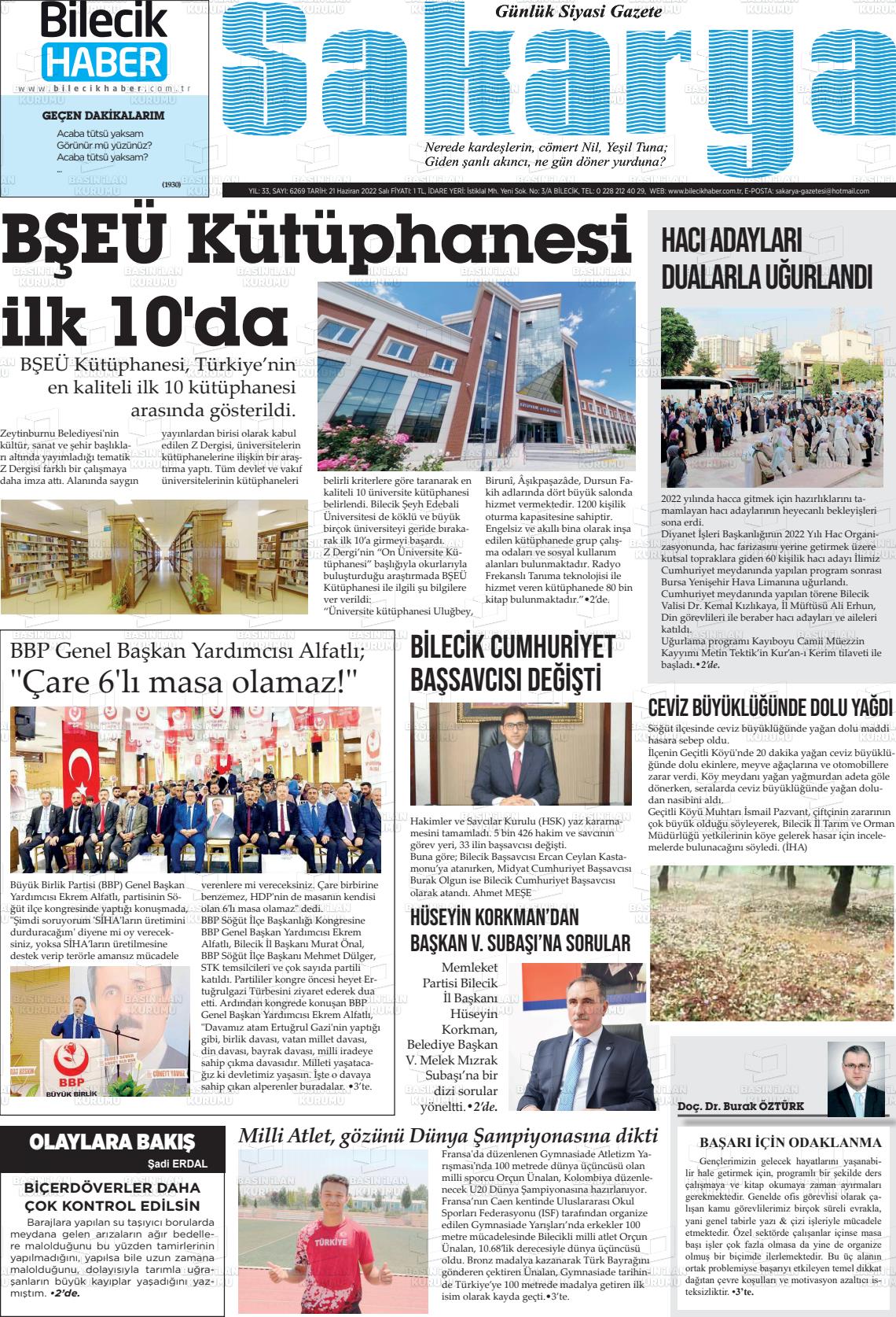 21 Haziran 2022 Bilecik Haber Sakarya Gazete Manşeti