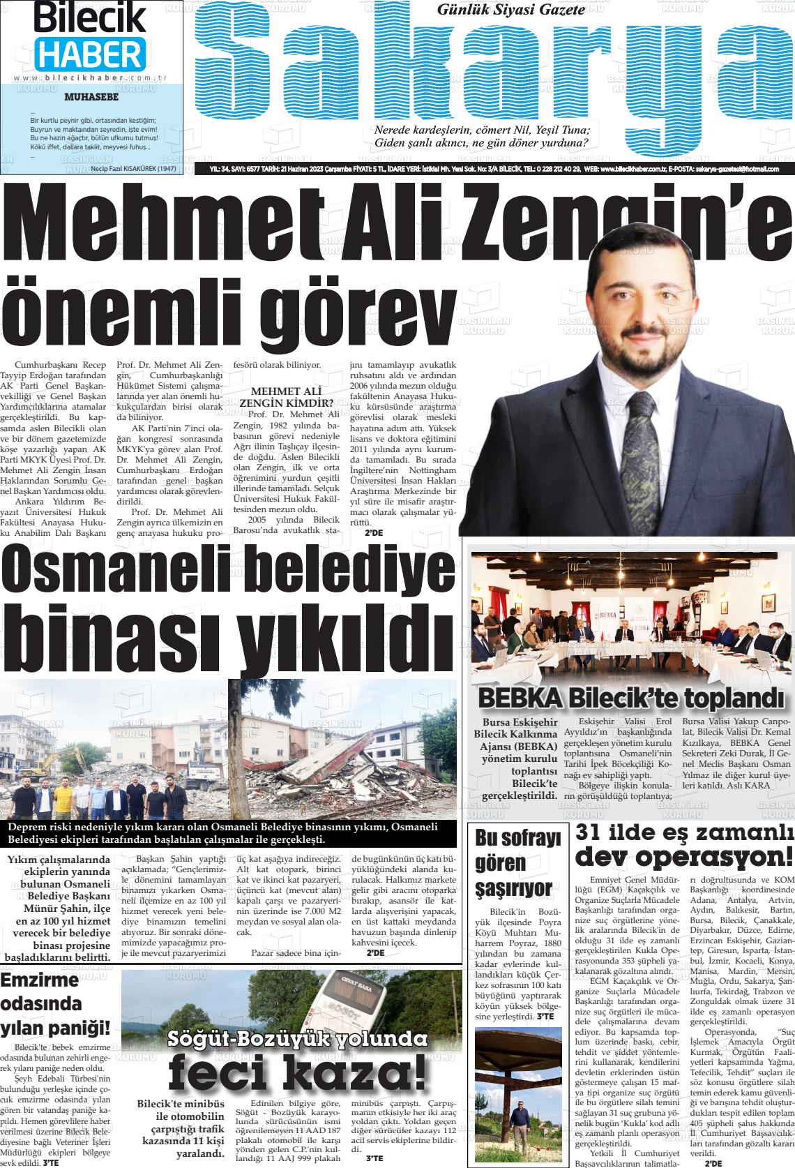 21 Haziran 2023 Bilecik Haber Sakarya Gazete Manşeti