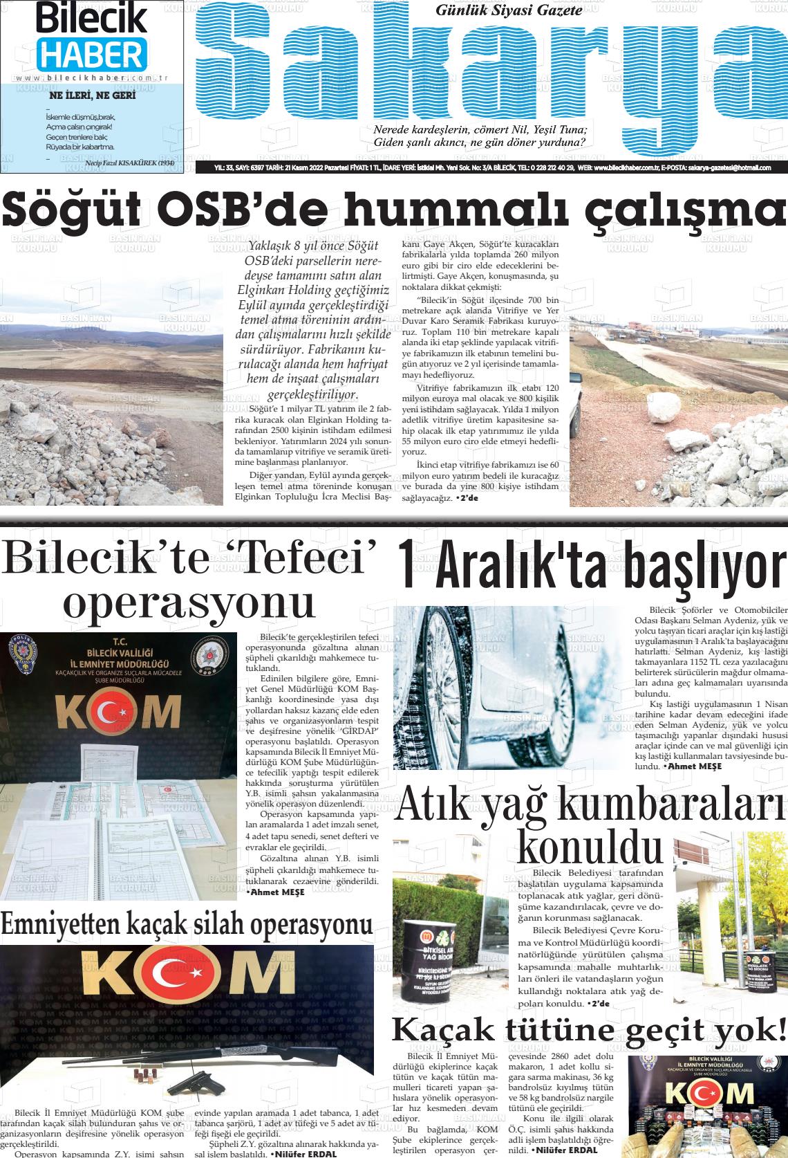 21 Kasım 2022 Bilecik Haber Sakarya Gazete Manşeti