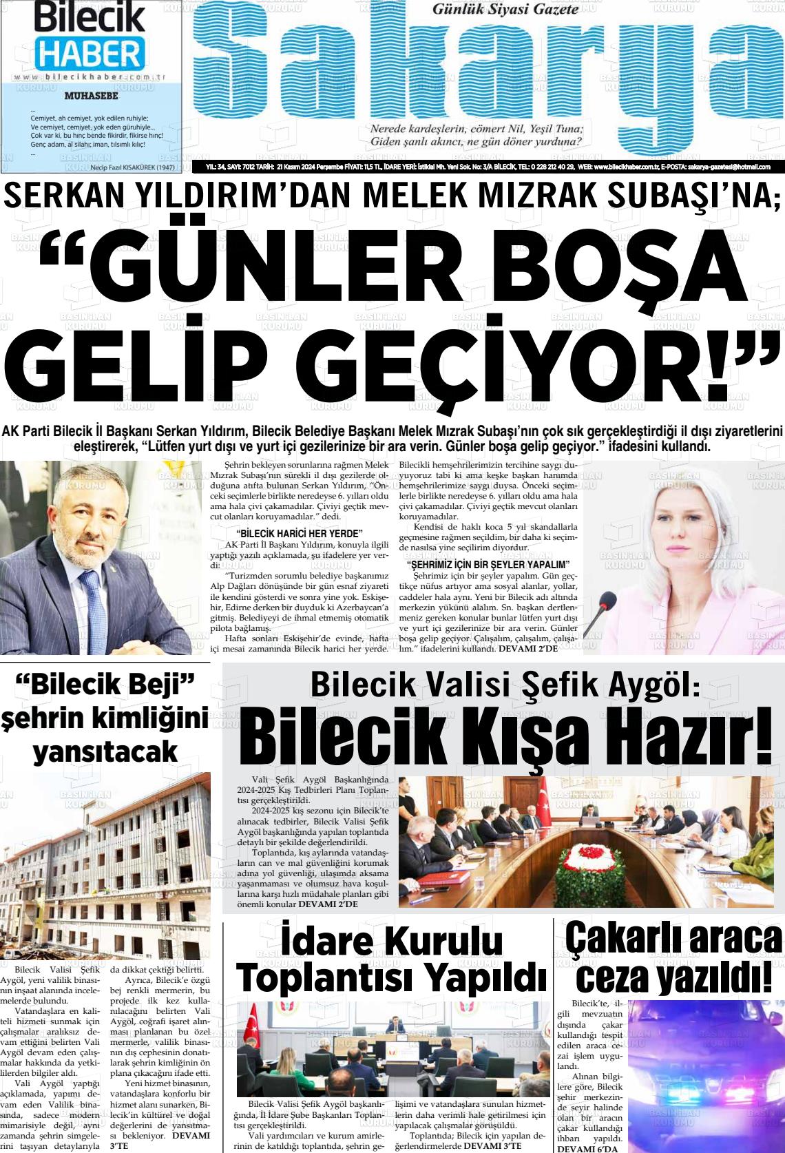 21 Kasım 2024 Bilecik Haber Sakarya Gazete Manşeti