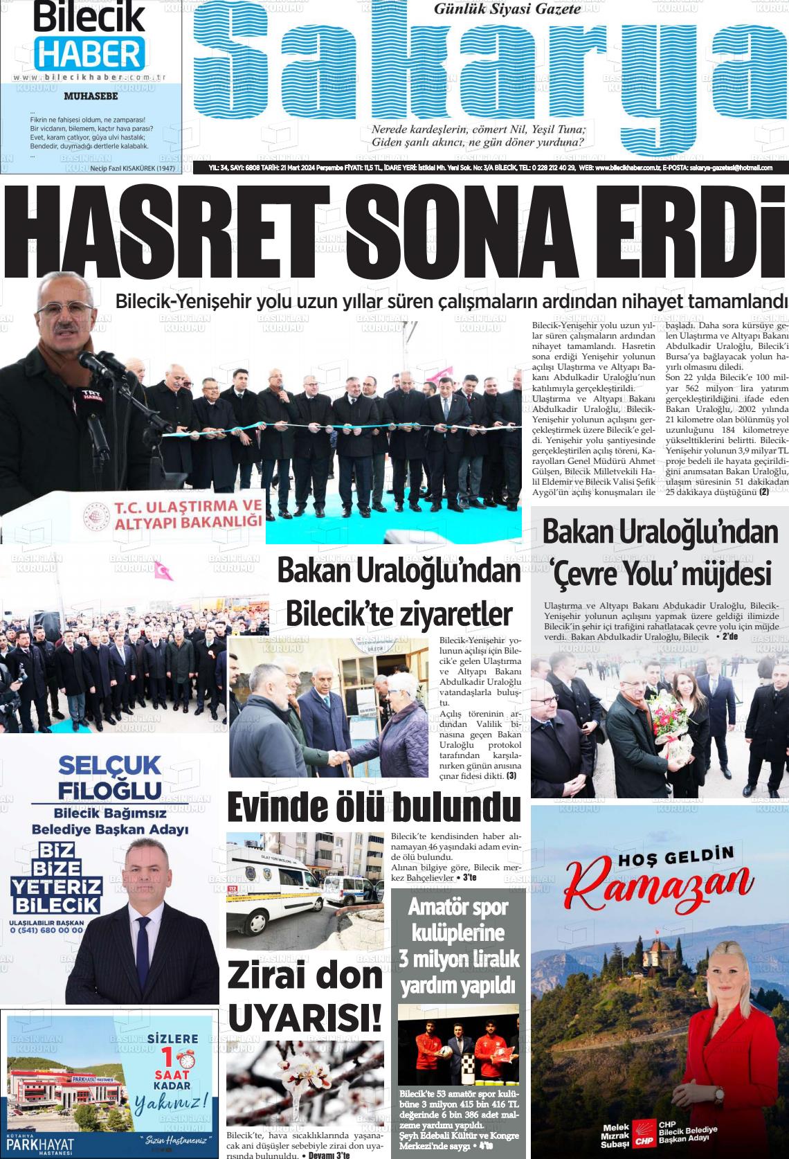 21 Mart 2024 Bilecik Haber Sakarya Gazete Manşeti