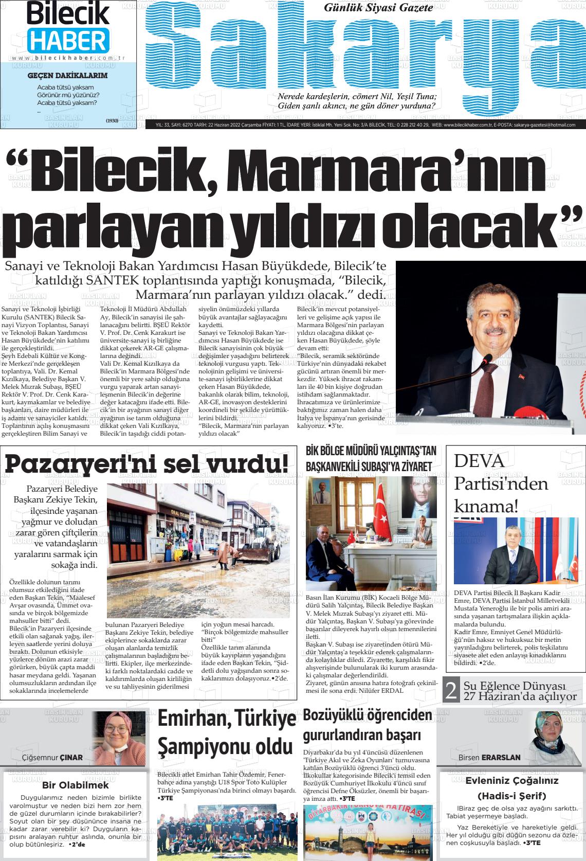 22 Haziran 2022 Bilecik Haber Sakarya Gazete Manşeti