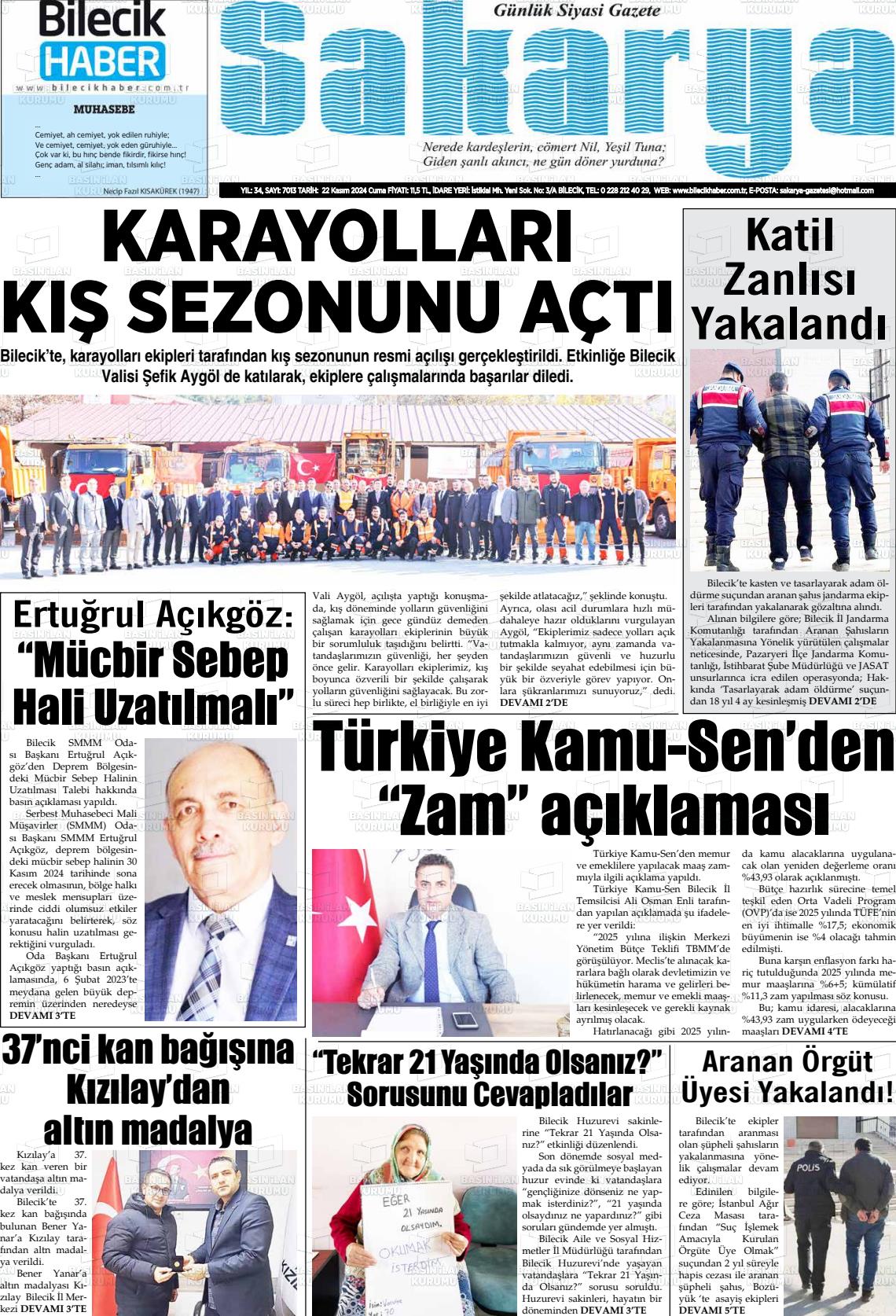 22 Kasım 2024 Bilecik Haber Sakarya Gazete Manşeti