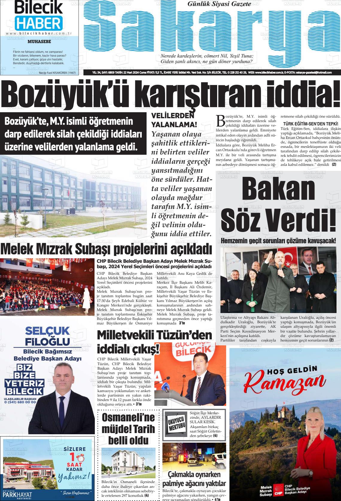 22 Mart 2024 Bilecik Haber Sakarya Gazete Manşeti