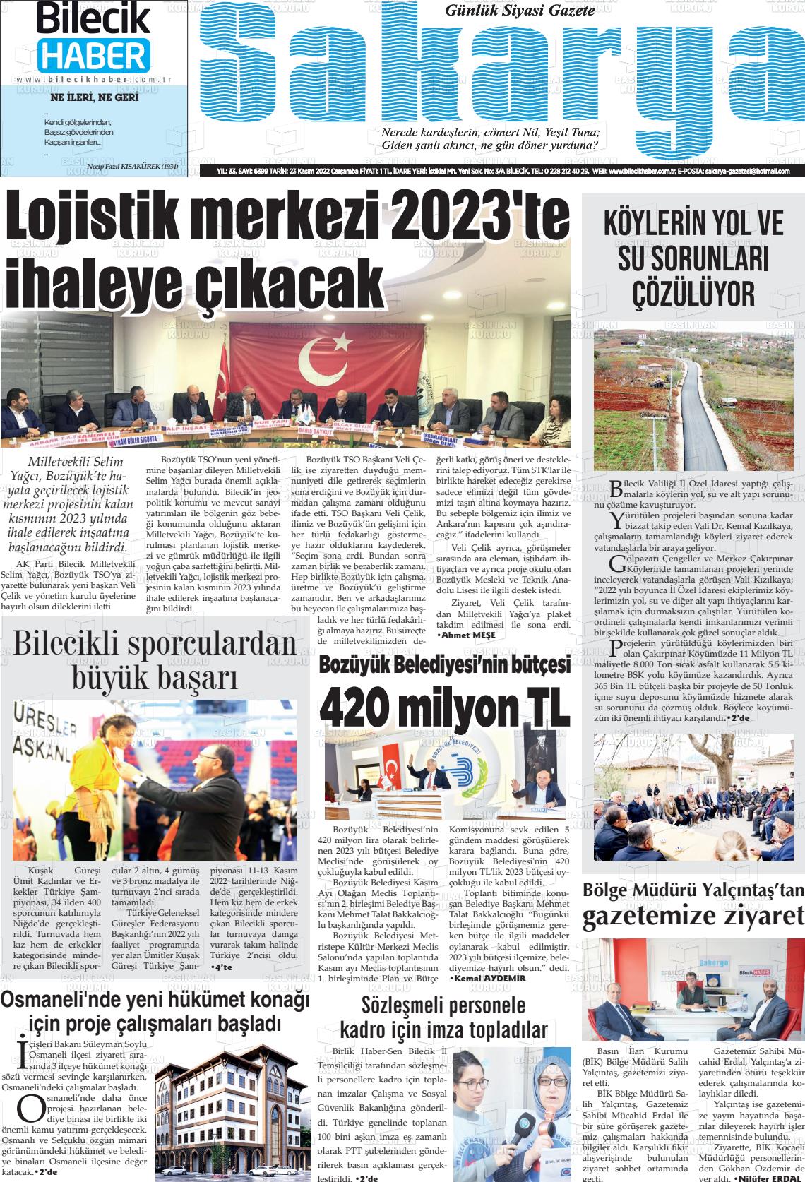 23 Kasım 2022 Bilecik Haber Sakarya Gazete Manşeti