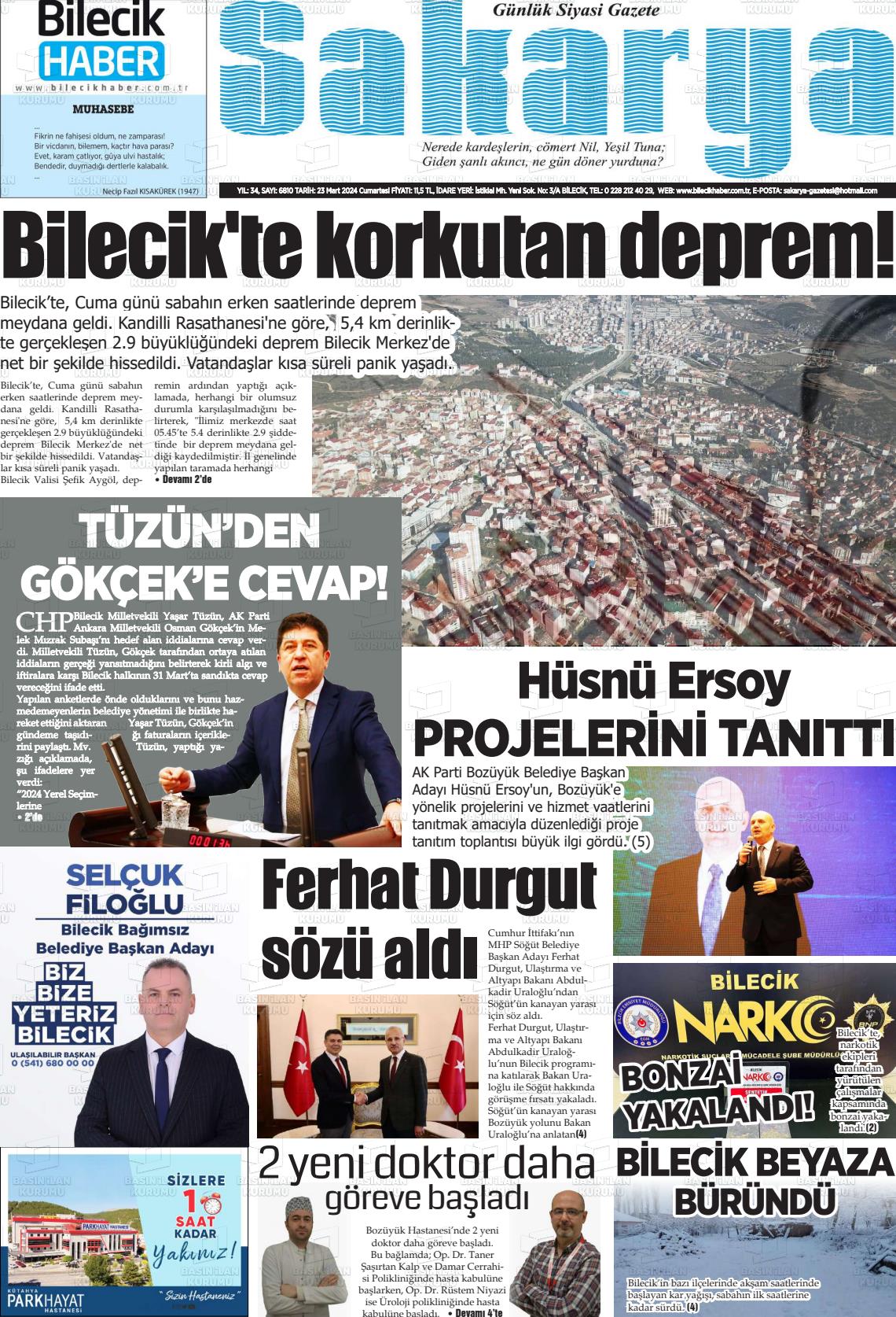 23 Mart 2024 Bilecik Haber Sakarya Gazete Manşeti