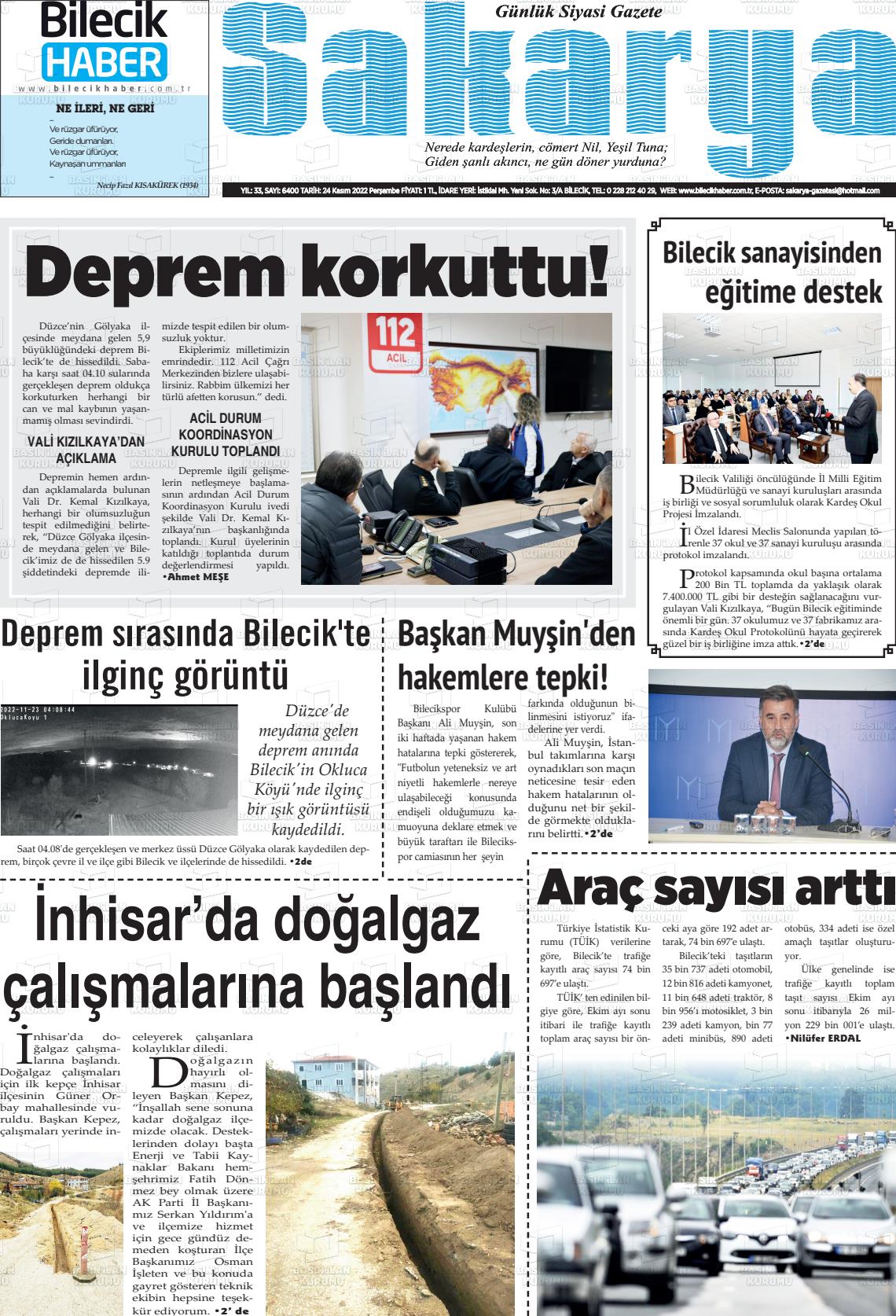 24 Kasım 2022 Bilecik Haber Sakarya Gazete Manşeti