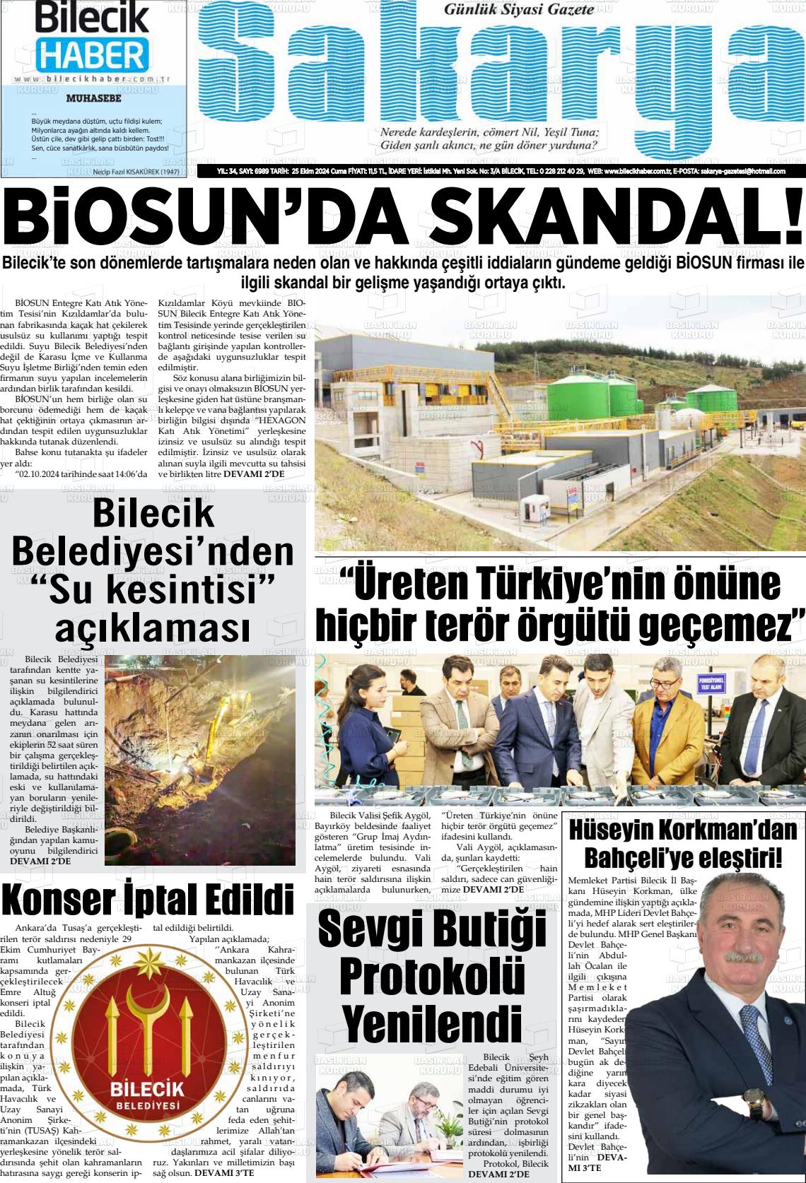 25 Ekim 2024 Bilecik Haber Sakarya Gazete Manşeti