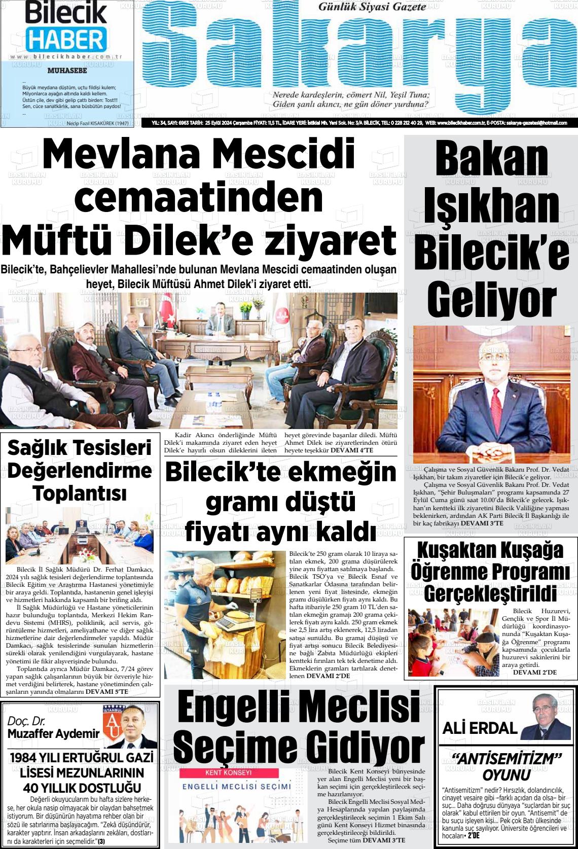 25 Eylül 2024 Bilecik Haber Sakarya Gazete Manşeti