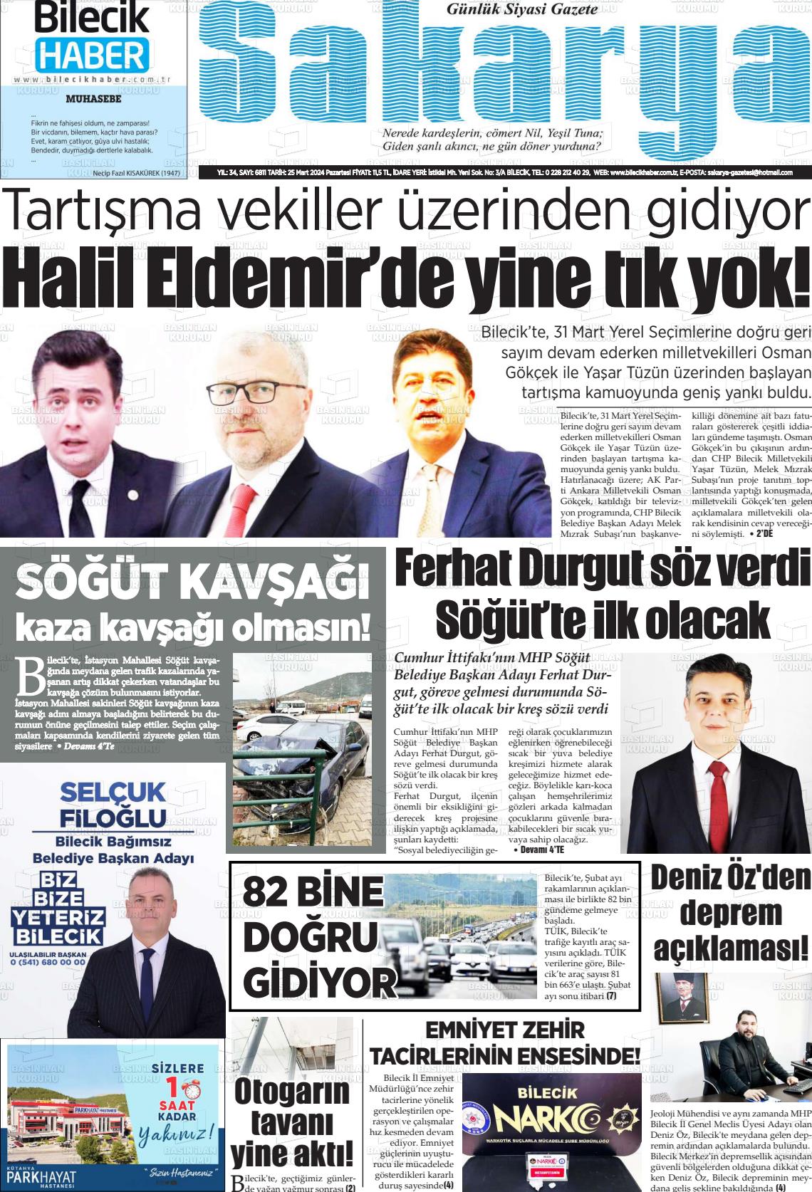 25 Mart 2024 Bilecik Haber Sakarya Gazete Manşeti