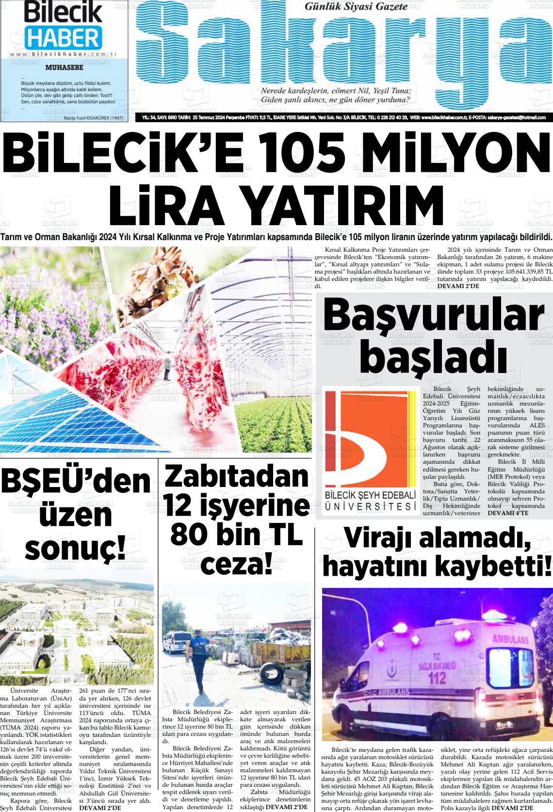 25 Temmuz 2024 Bilecik Haber Sakarya Gazete Manşeti