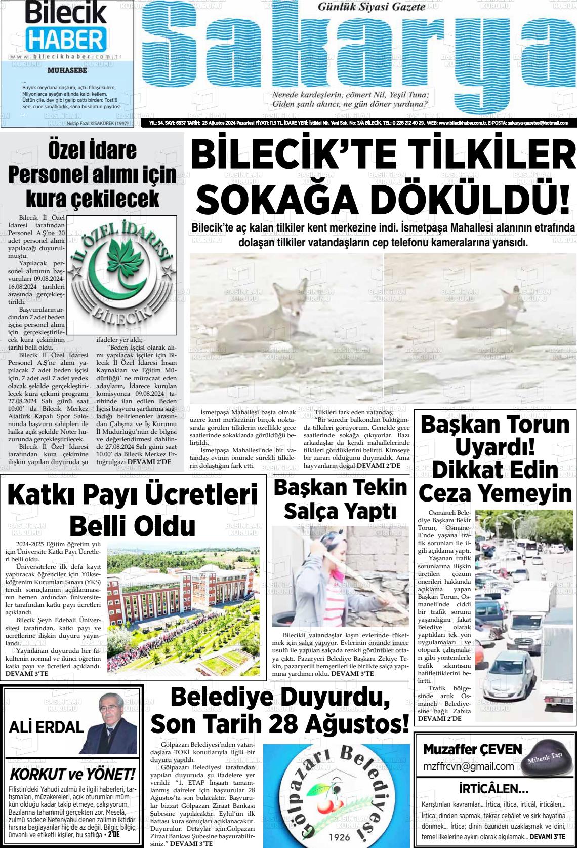 26 Ağustos 2024 Bilecik Haber Sakarya Gazete Manşeti