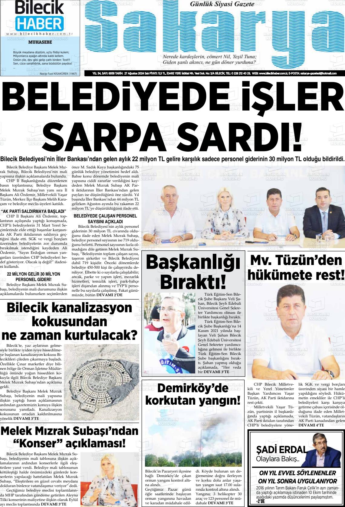 27 Ağustos 2024 Bilecik Haber Sakarya Gazete Manşeti