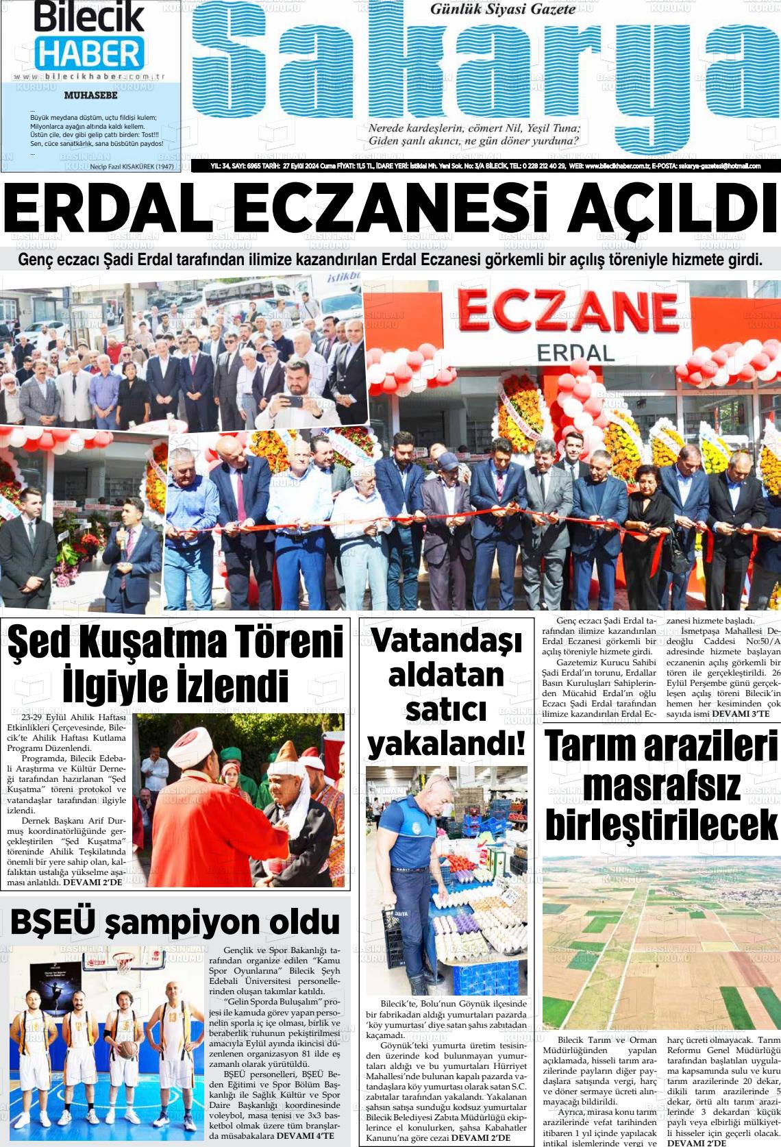 27 Eylül 2024 Bilecik Haber Sakarya Gazete Manşeti