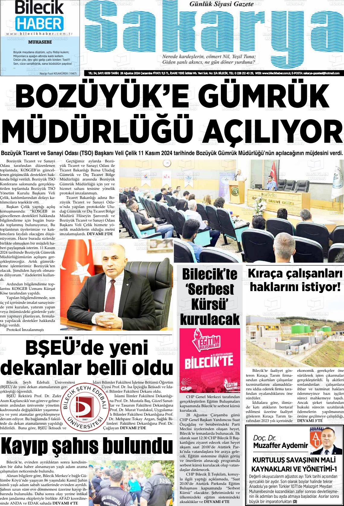 28 Ağustos 2024 Bilecik Haber Sakarya Gazete Manşeti