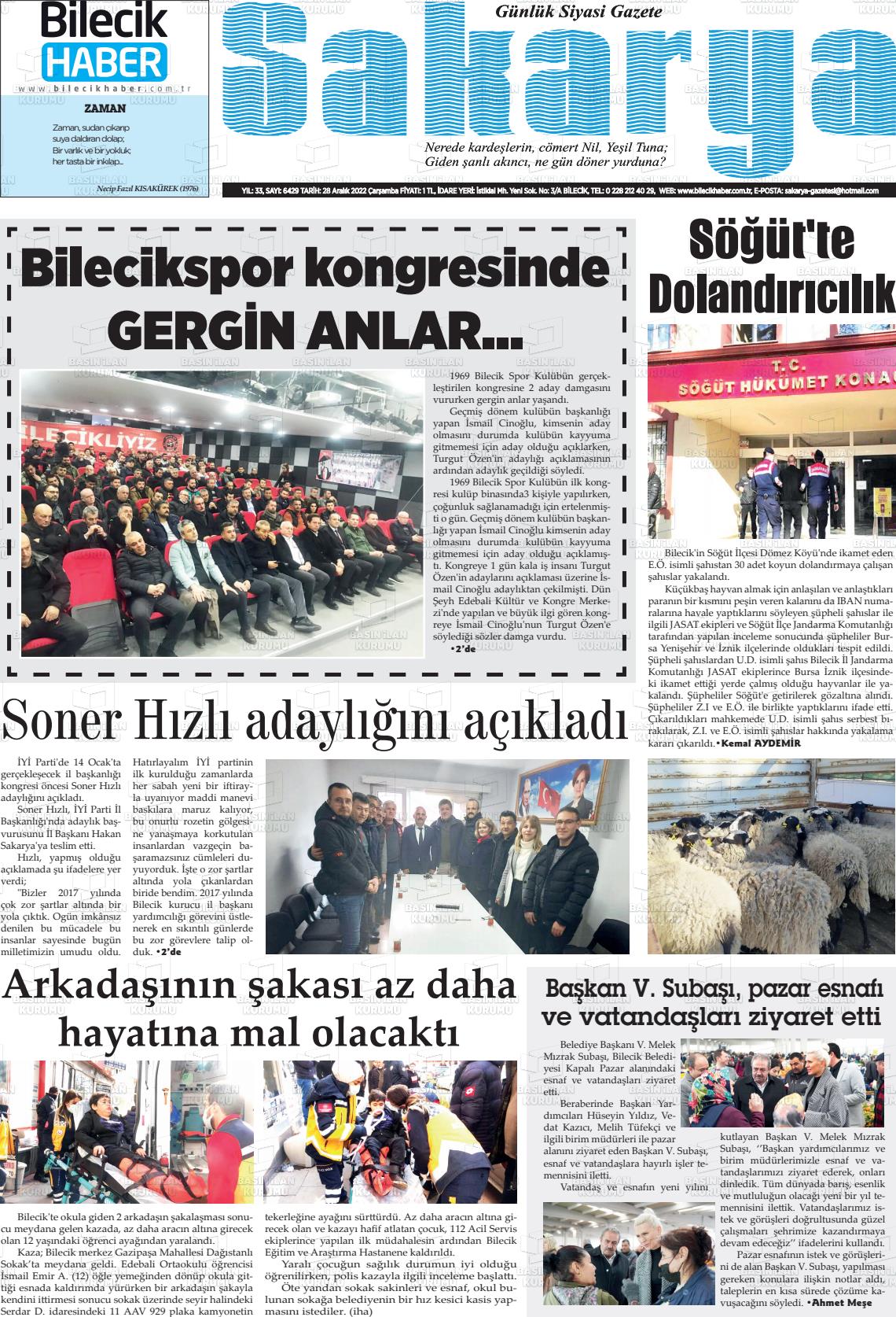 28 Aralık 2022 Bilecik Haber Sakarya Gazete Manşeti