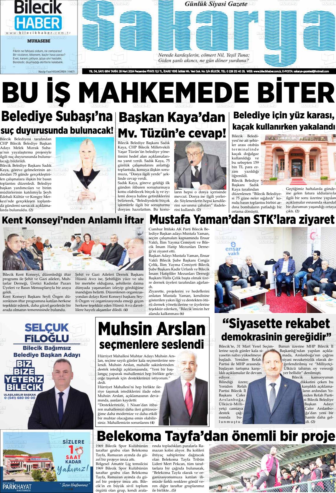 28 Mart 2024 Bilecik Haber Sakarya Gazete Manşeti