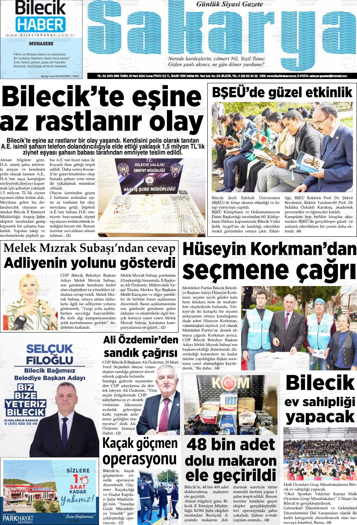 29 Mart 2024 Bilecik Haber Sakarya Gazete Manşeti