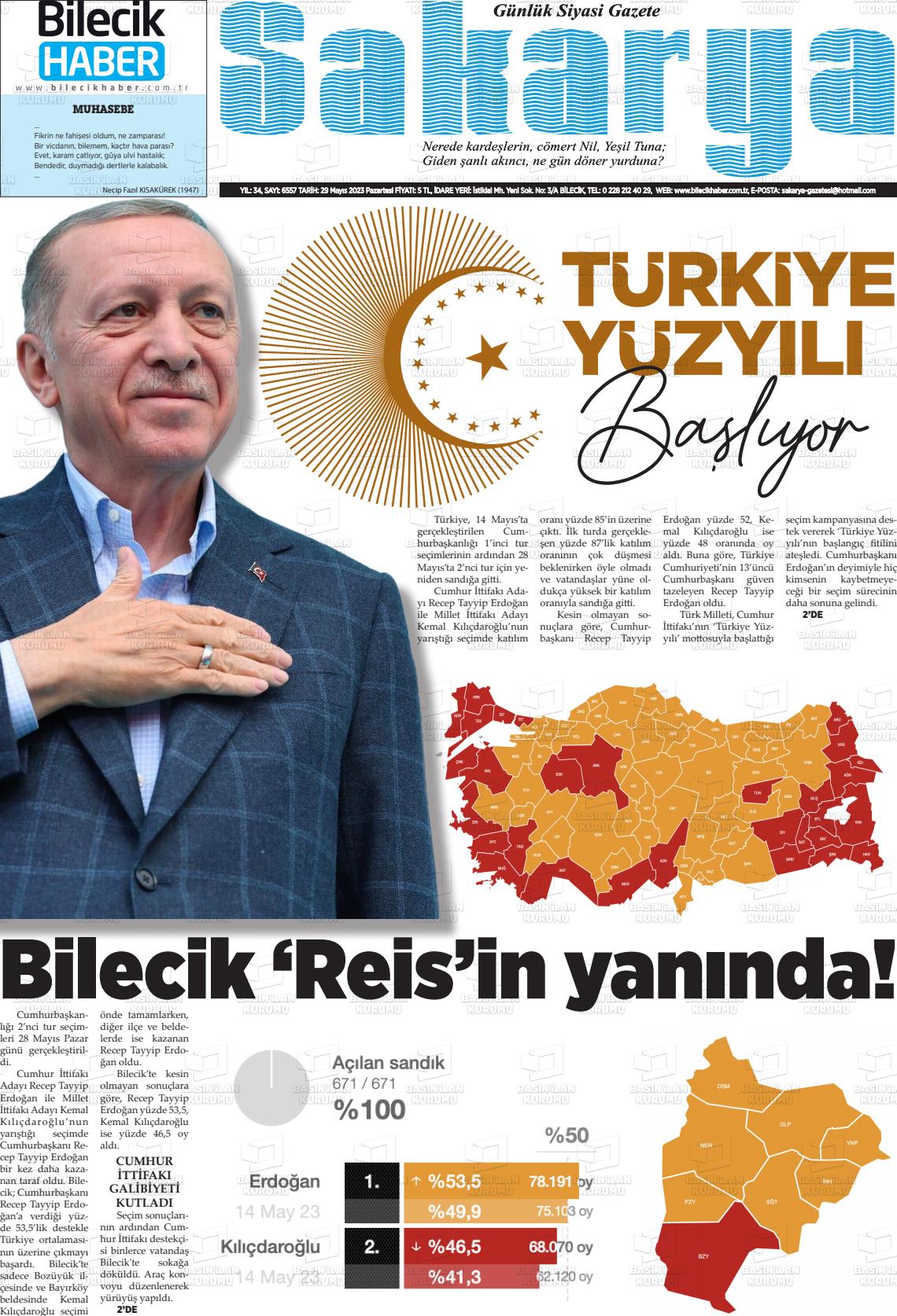 29 Mayıs 2023 Bilecik Haber Sakarya Gazete Manşeti