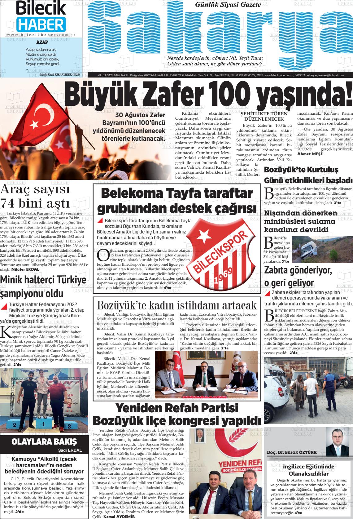 30 Ağustos 2022 Bilecik Haber Sakarya Gazete Manşeti