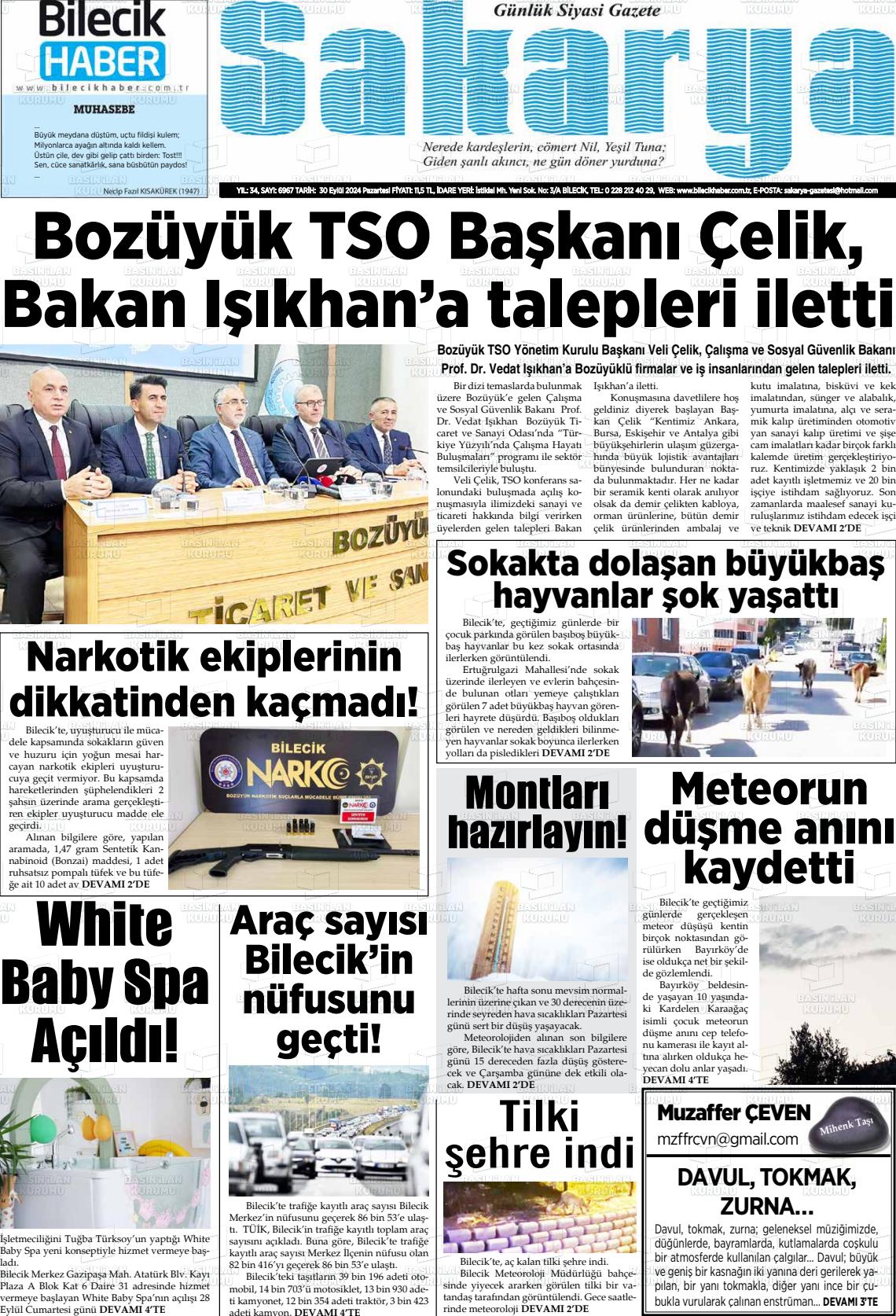 30 Eylül 2024 Bilecik Haber Sakarya Gazete Manşeti