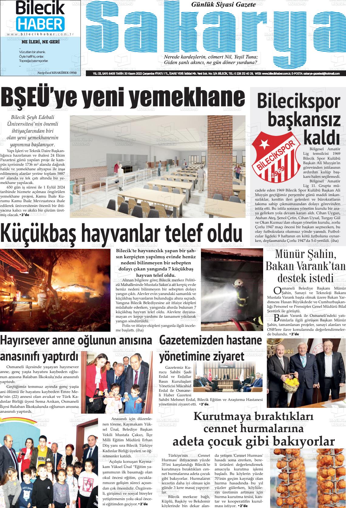 30 Kasım 2022 Bilecik Haber Sakarya Gazete Manşeti