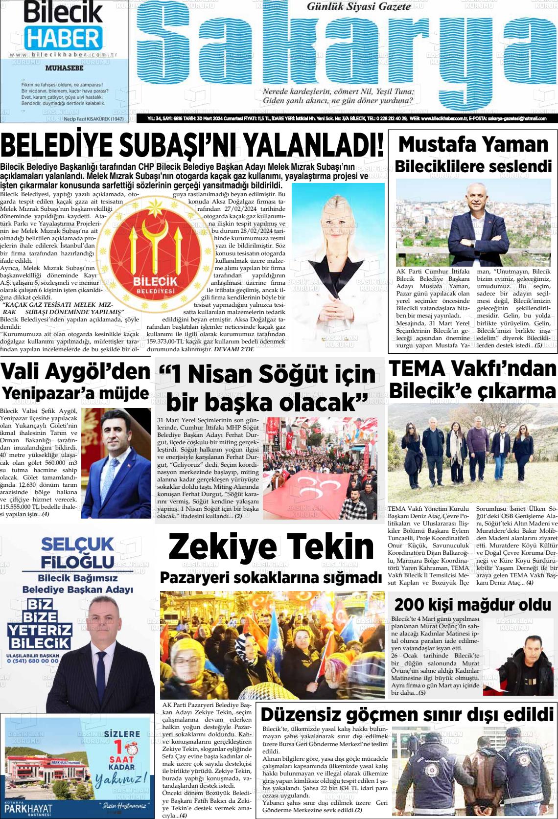 30 Mart 2024 Bilecik Haber Sakarya Gazete Manşeti