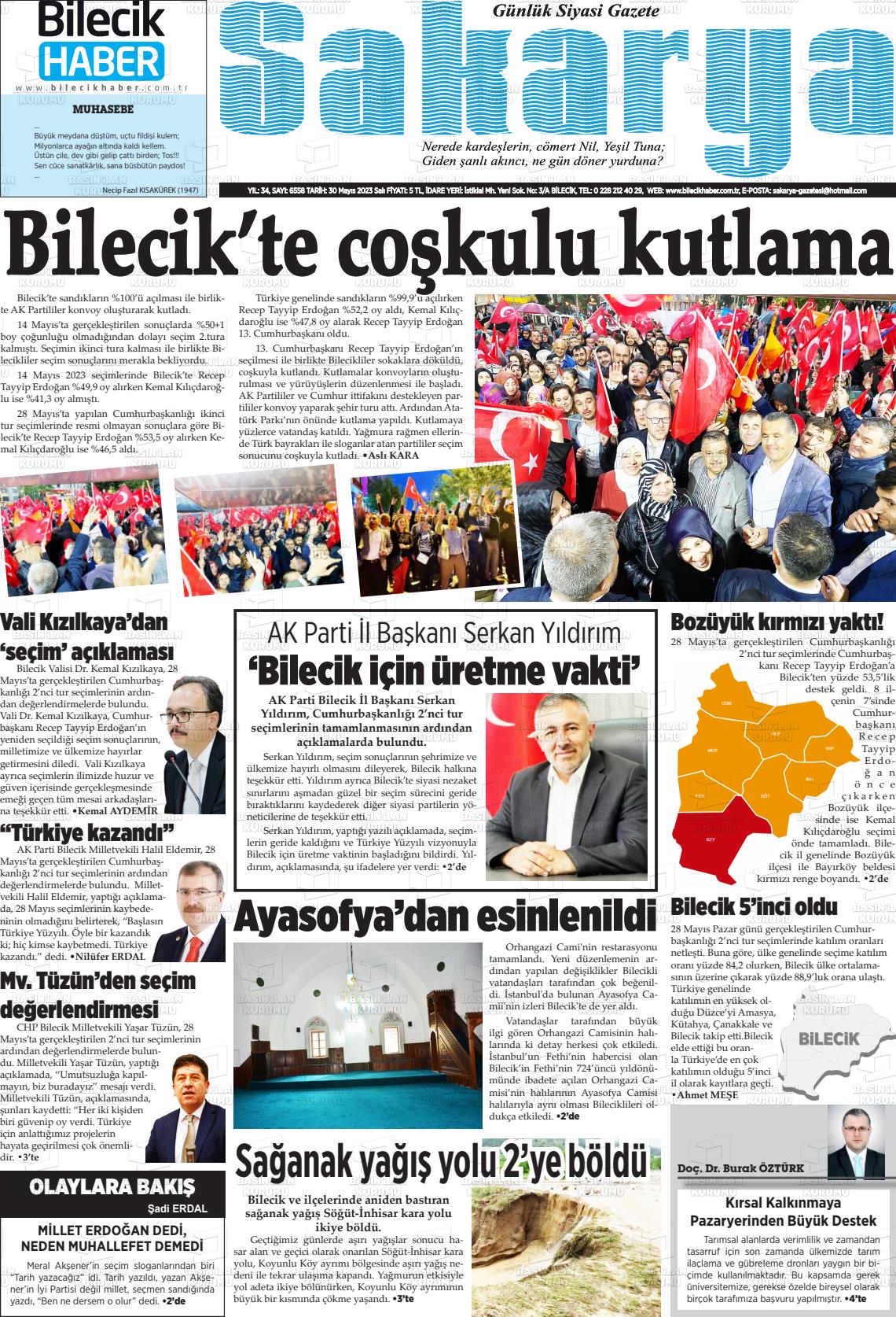 30 Mayıs 2023 Bilecik Haber Sakarya Gazete Manşeti