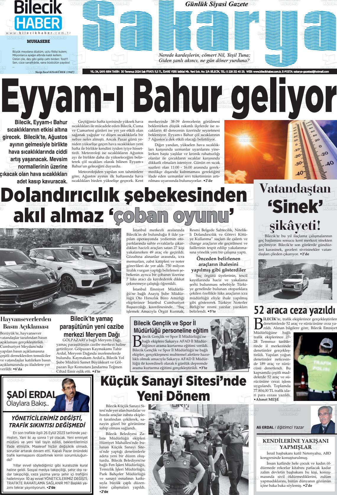 30 Temmuz 2024 Bilecik Haber Sakarya Gazete Manşeti