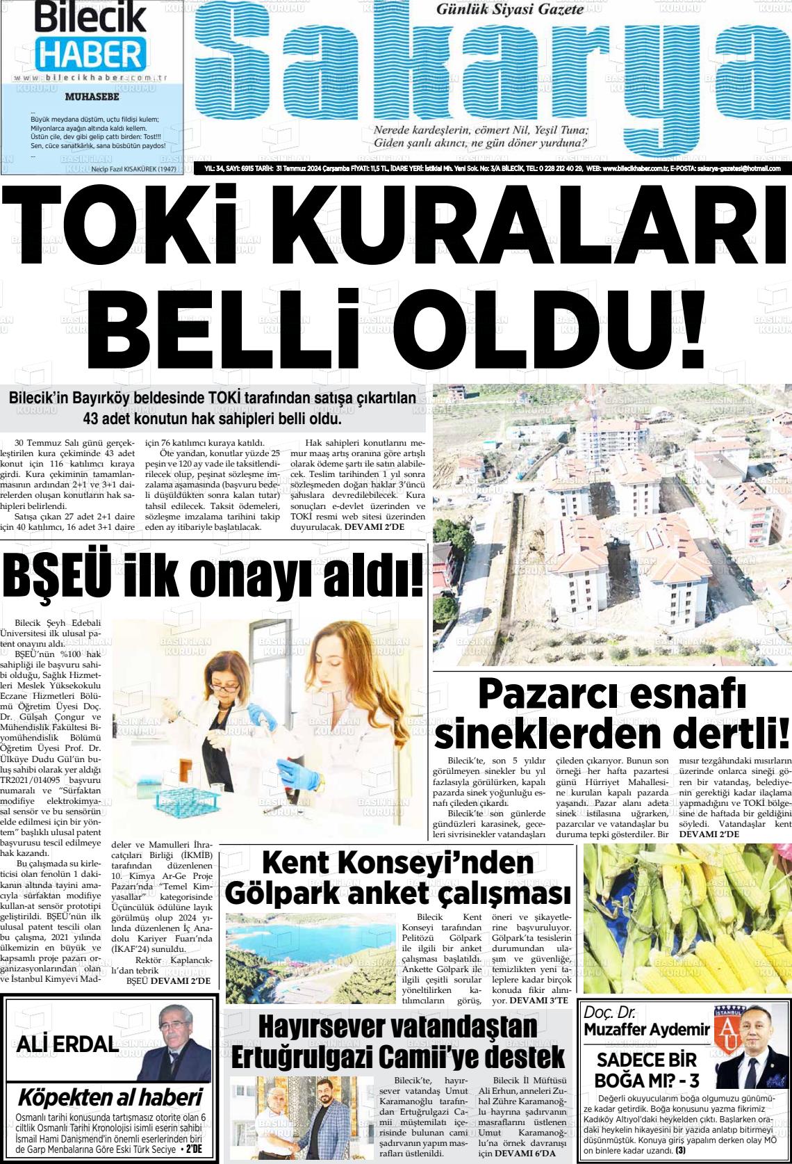 31 Temmuz 2024 Bilecik Haber Sakarya Gazete Manşeti