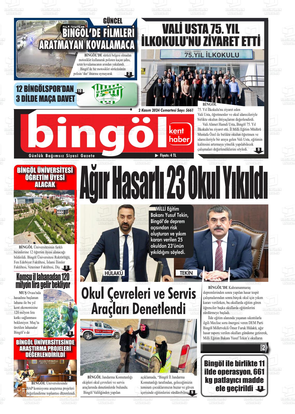 02 Kasım 2024 Bingöl Kent Haber Gazete Manşeti