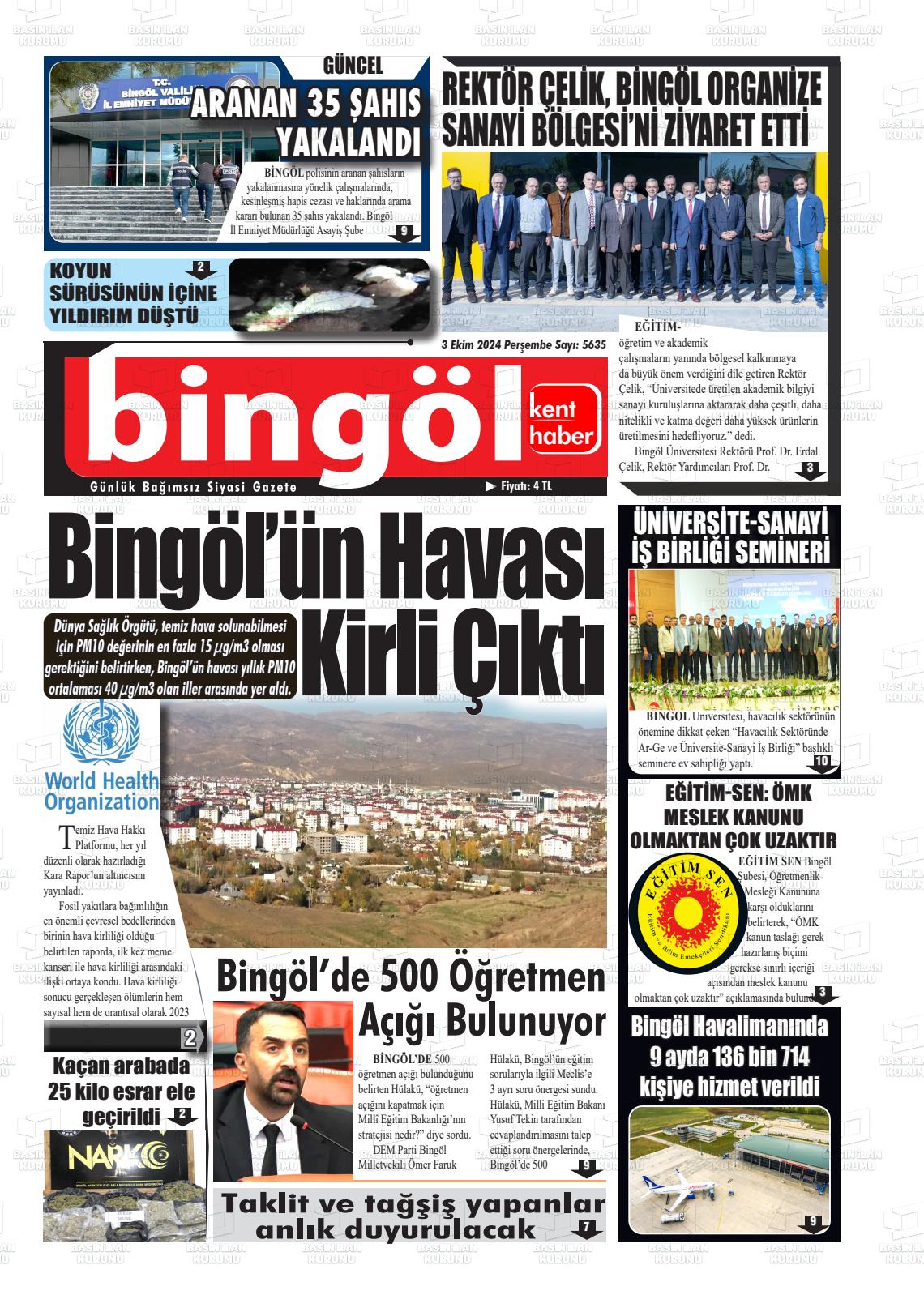 03 Ekim 2024 Bingöl Kent Haber Gazete Manşeti