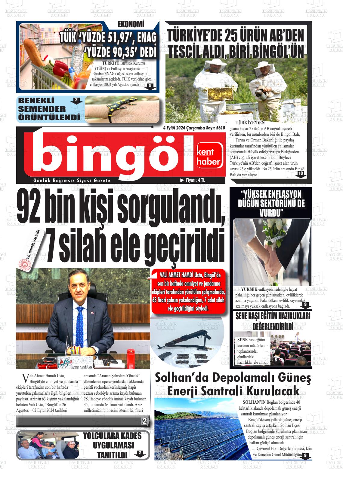 04 Eylül 2024 Bingöl Kent Haber Gazete Manşeti