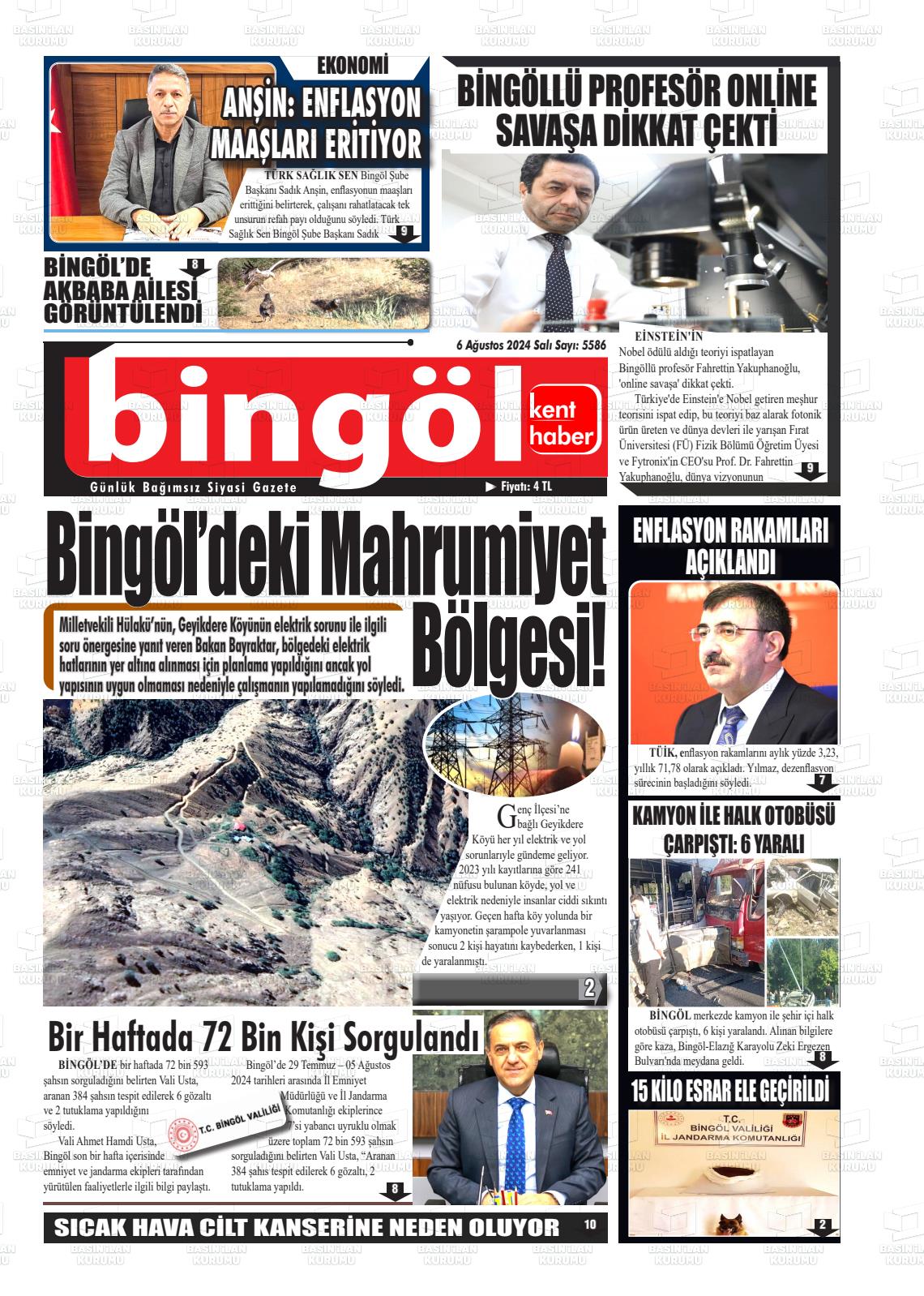 06 Ağustos 2024 Bingöl Kent Haber Gazete Manşeti