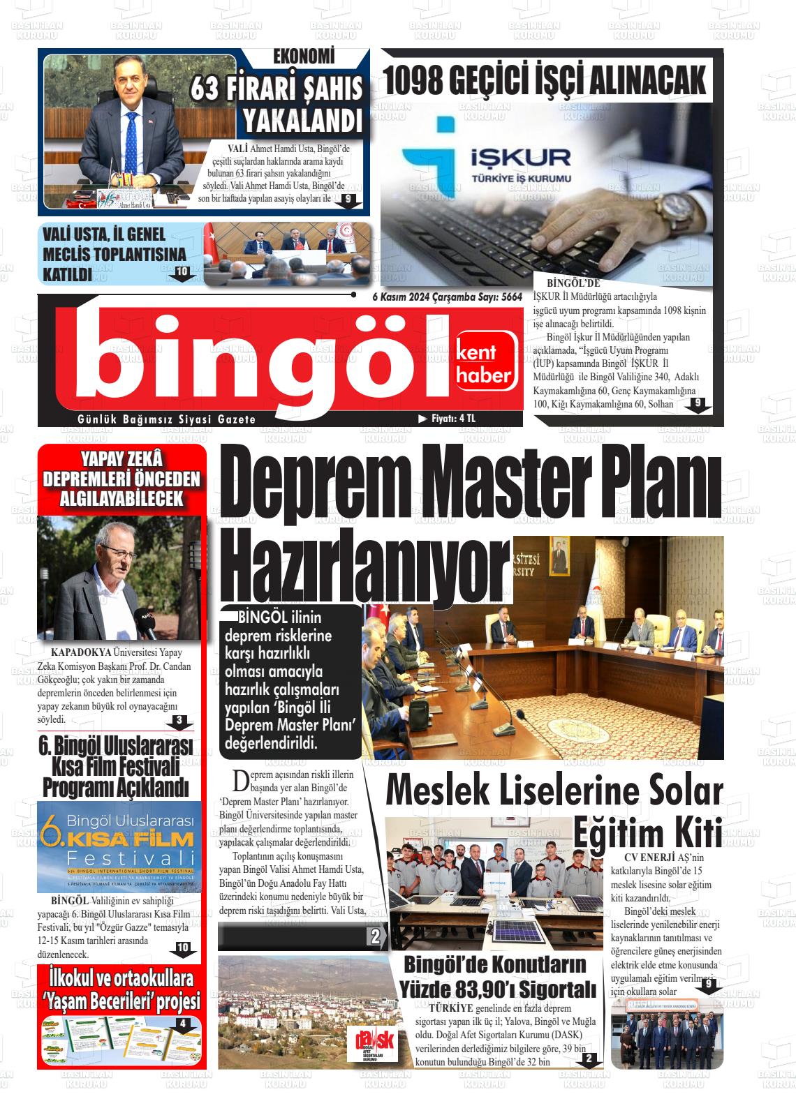 06 Kasım 2024 Bingöl Kent Haber Gazete Manşeti