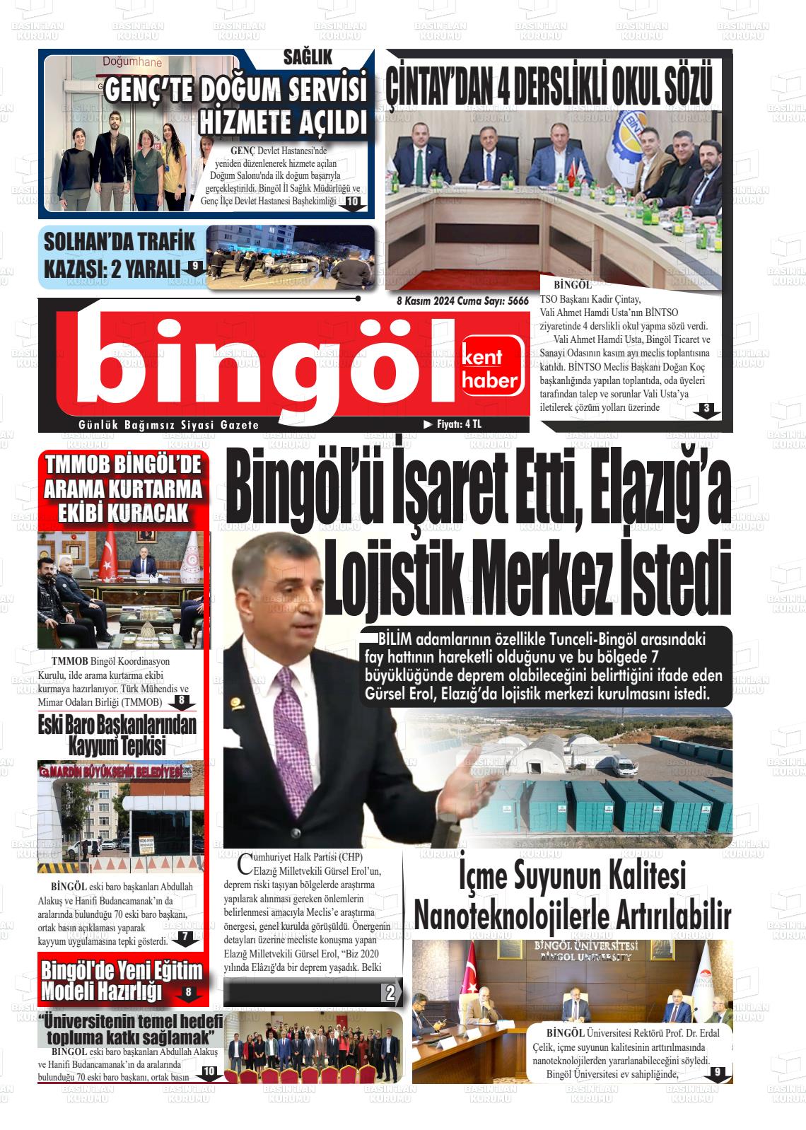 08 Kasım 2024 Bingöl Kent Haber Gazete Manşeti