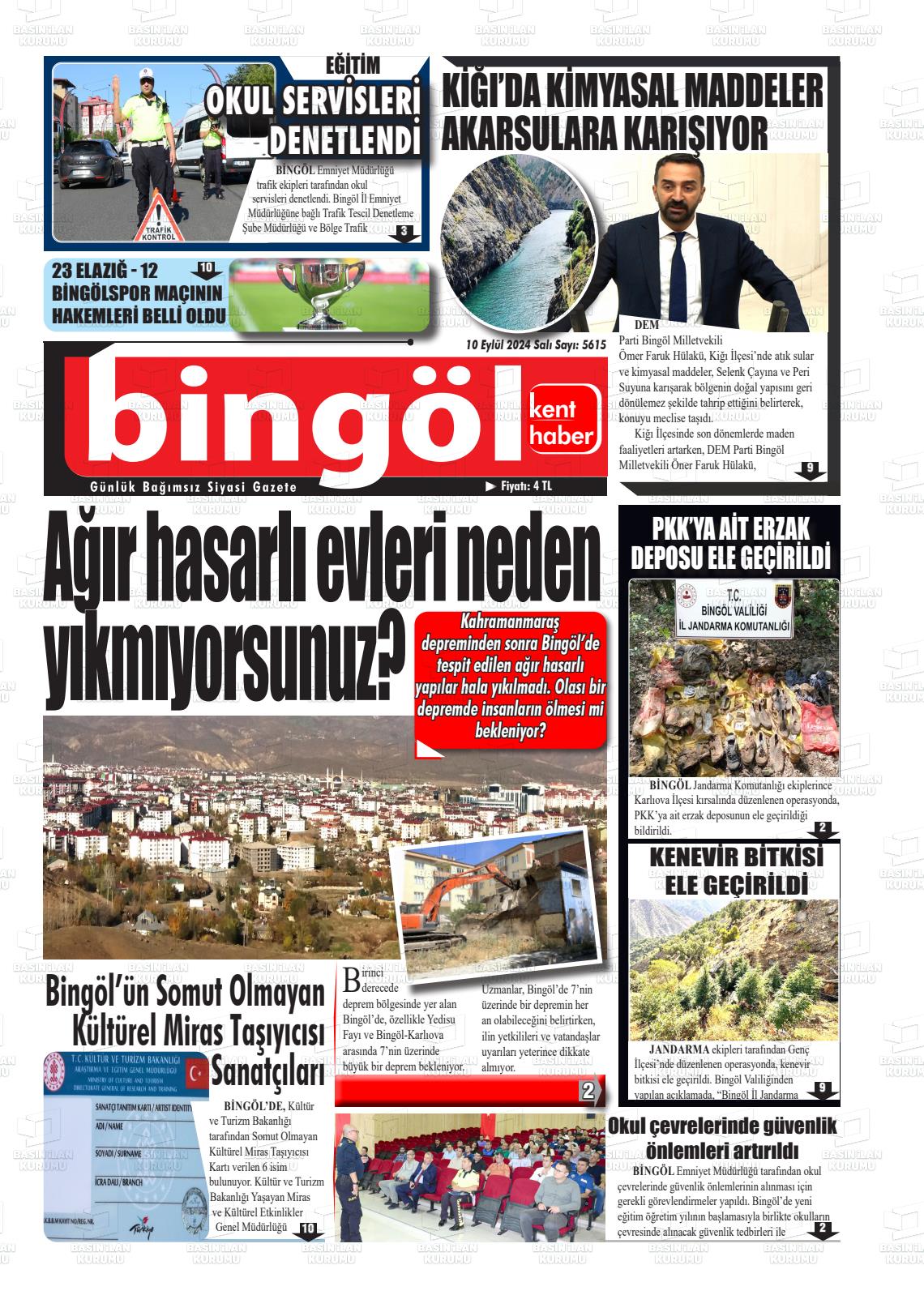 10 Eylül 2024 Bingöl Kent Haber Gazete Manşeti