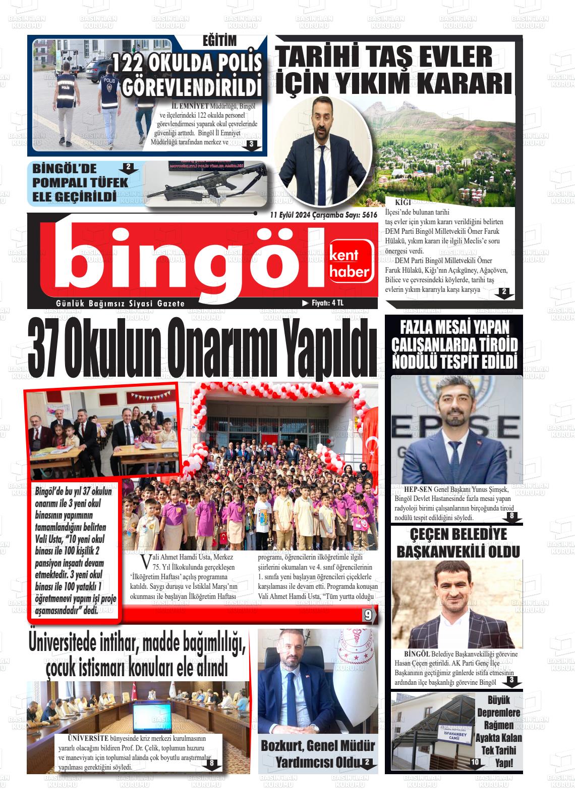 11 Eylül 2024 Bingöl Kent Haber Gazete Manşeti