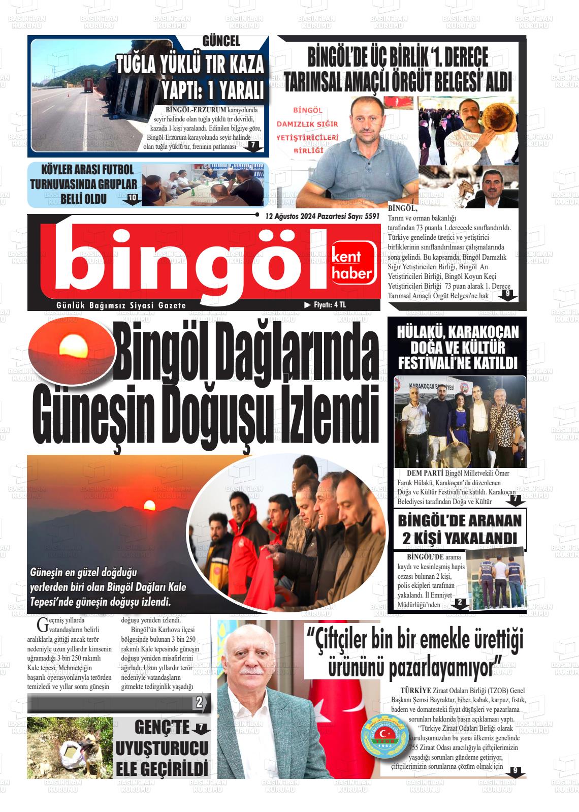 12 Ağustos 2024 Bingöl Kent Haber Gazete Manşeti