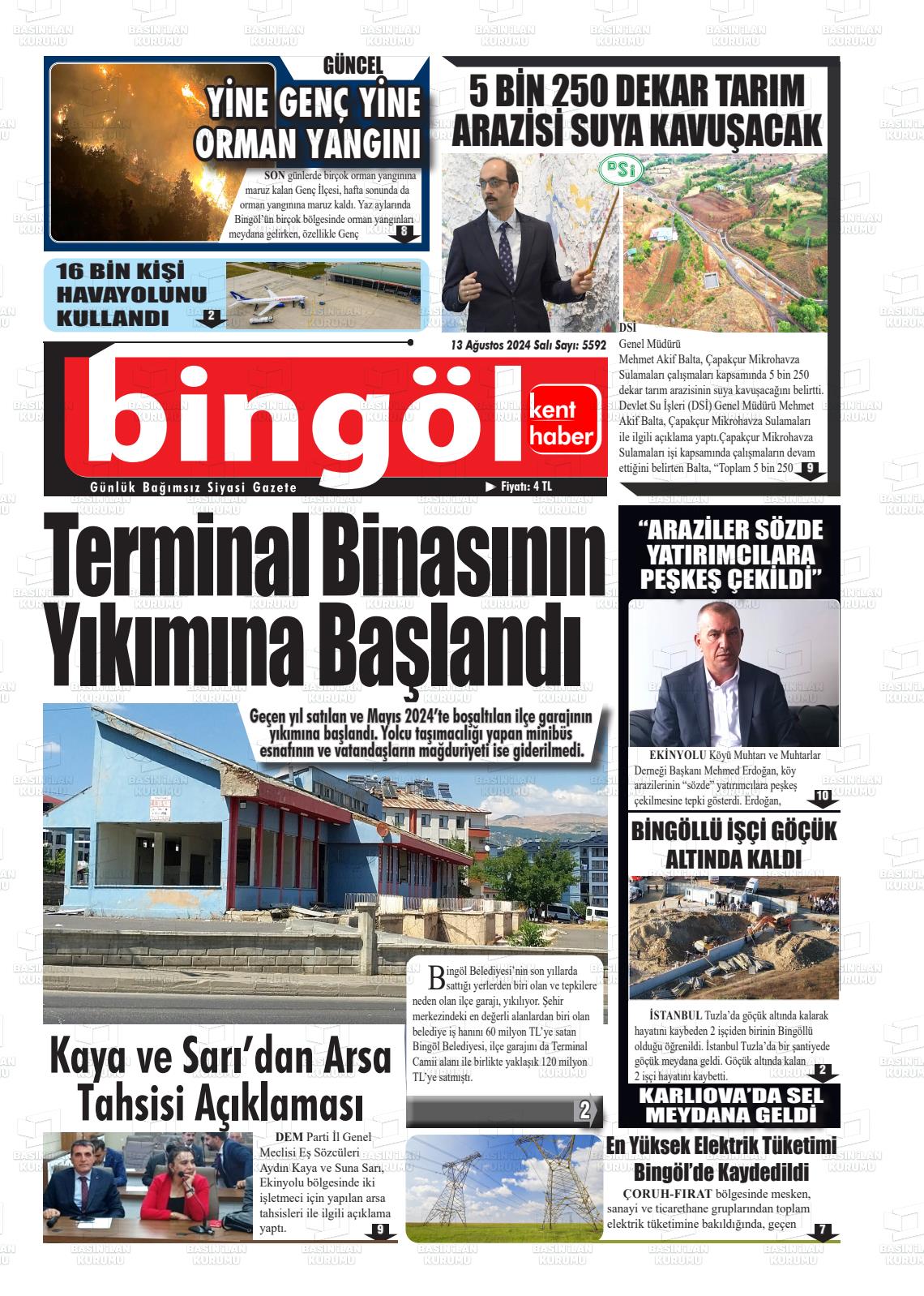 13 Ağustos 2024 Bingöl Kent Haber Gazete Manşeti